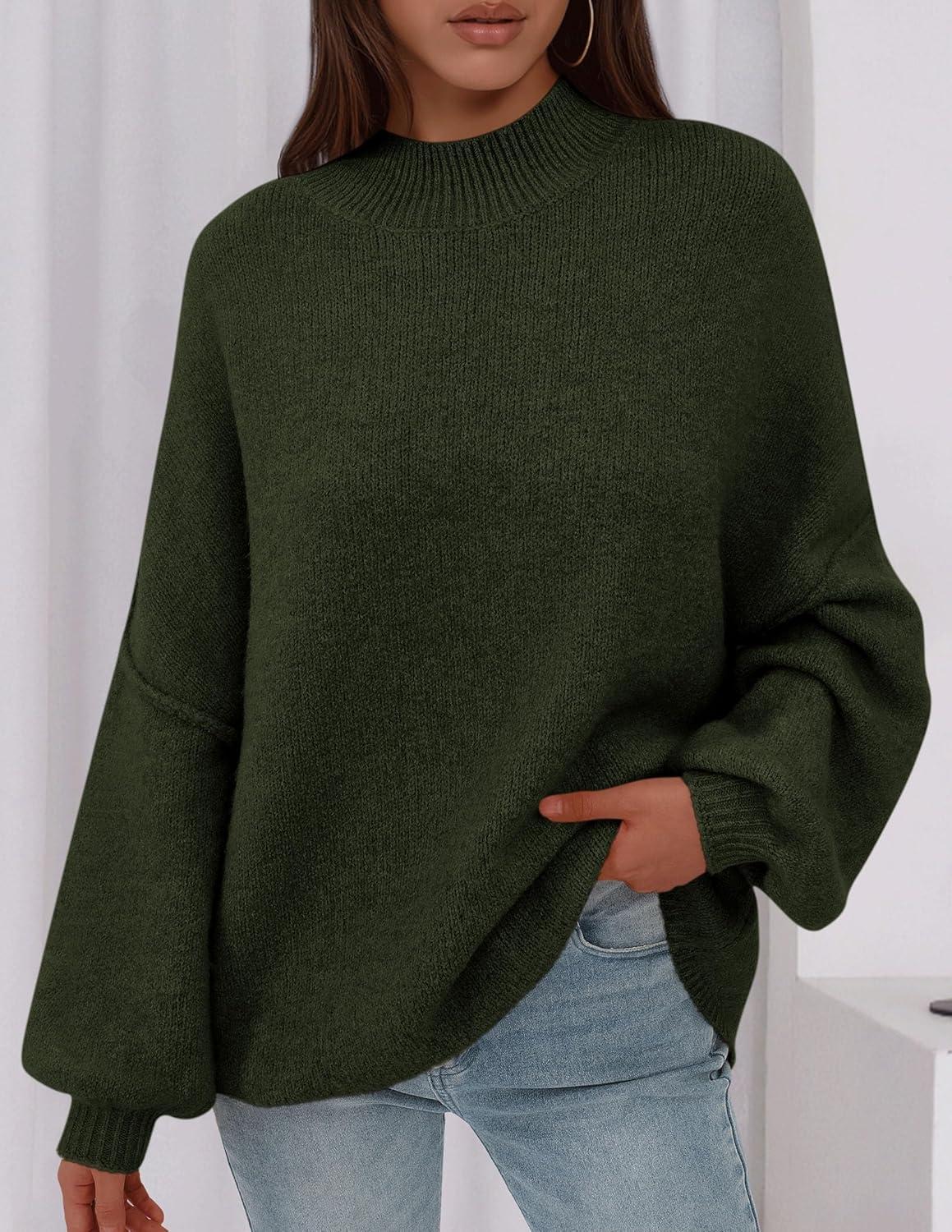 imagePRETTYGARDEN Womens 2026 Fall Oversized Sweaters Chunky Knit Mock Neck Long Sleeve Casual Trendy Pullover Winter ClothesDark Army Green