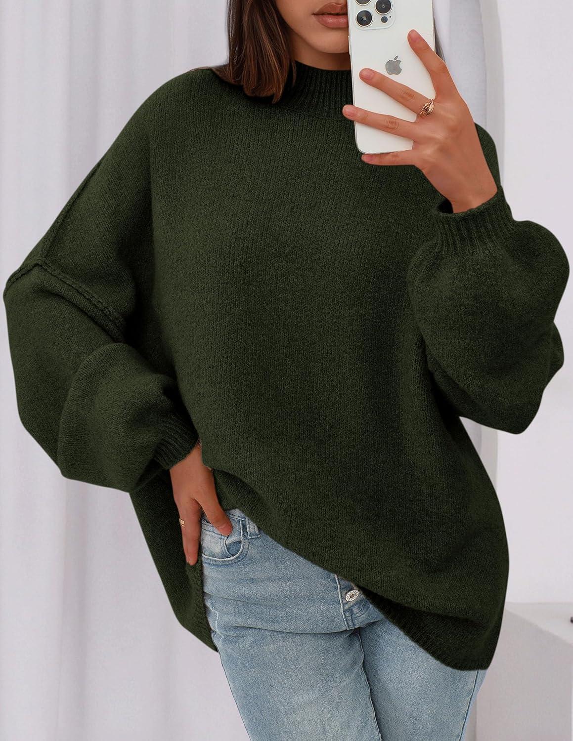 imagePRETTYGARDEN Womens 2026 Fall Oversized Sweaters Chunky Knit Mock Neck Long Sleeve Casual Trendy Pullover Winter ClothesDark Army Green
