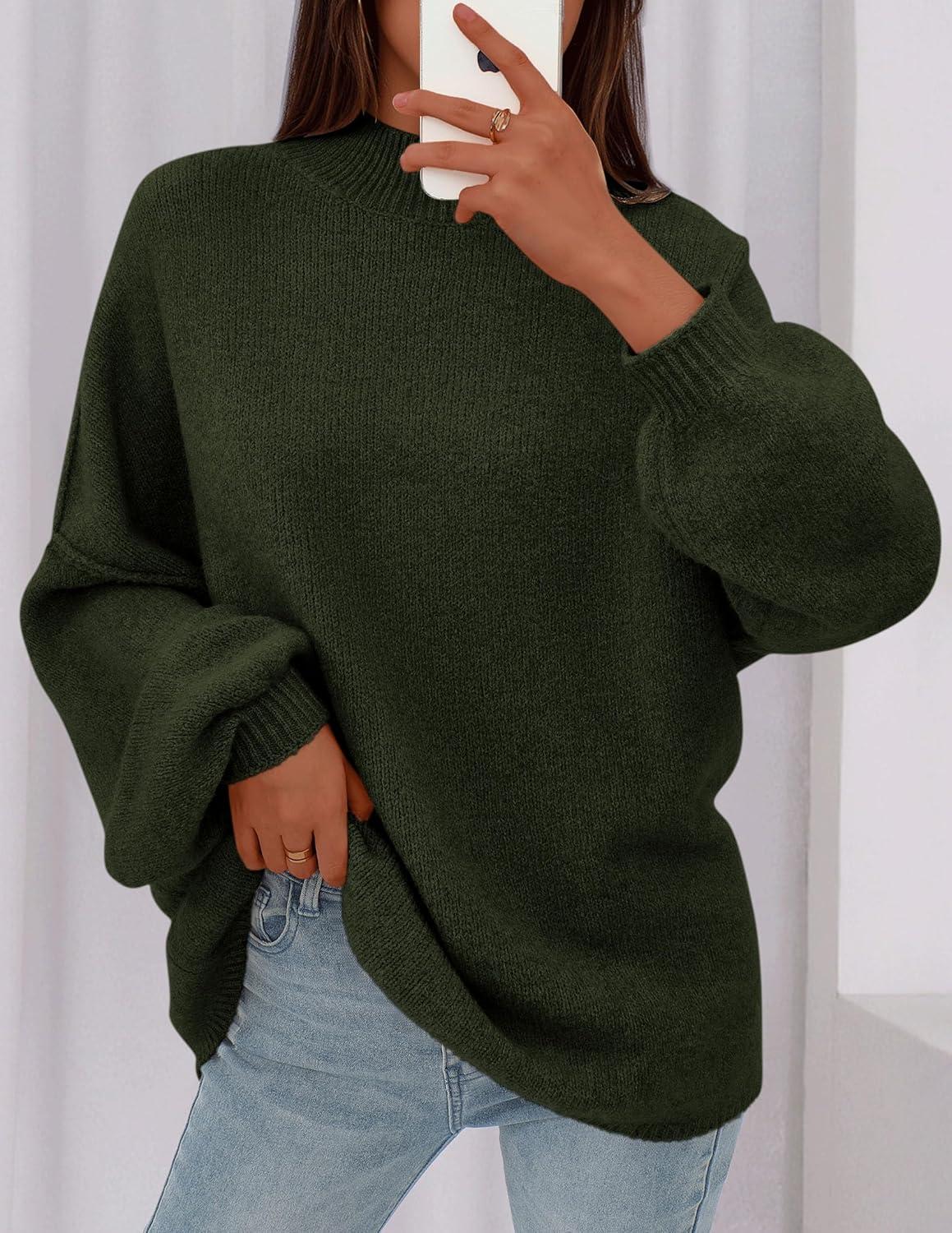 imagePRETTYGARDEN Womens 2026 Fall Oversized Sweaters Chunky Knit Mock Neck Long Sleeve Casual Trendy Pullover Winter ClothesDark Army Green