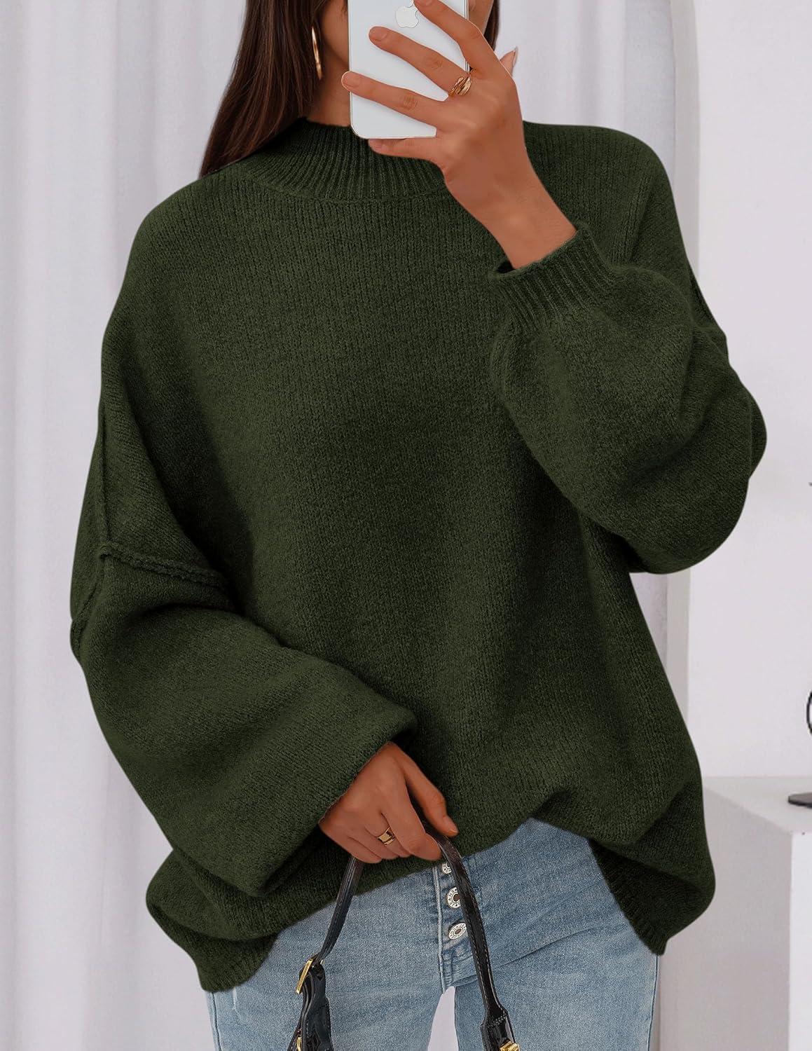 imagePRETTYGARDEN Womens 2026 Fall Oversized Sweaters Chunky Knit Mock Neck Long Sleeve Casual Trendy Pullover Winter ClothesDark Army Green