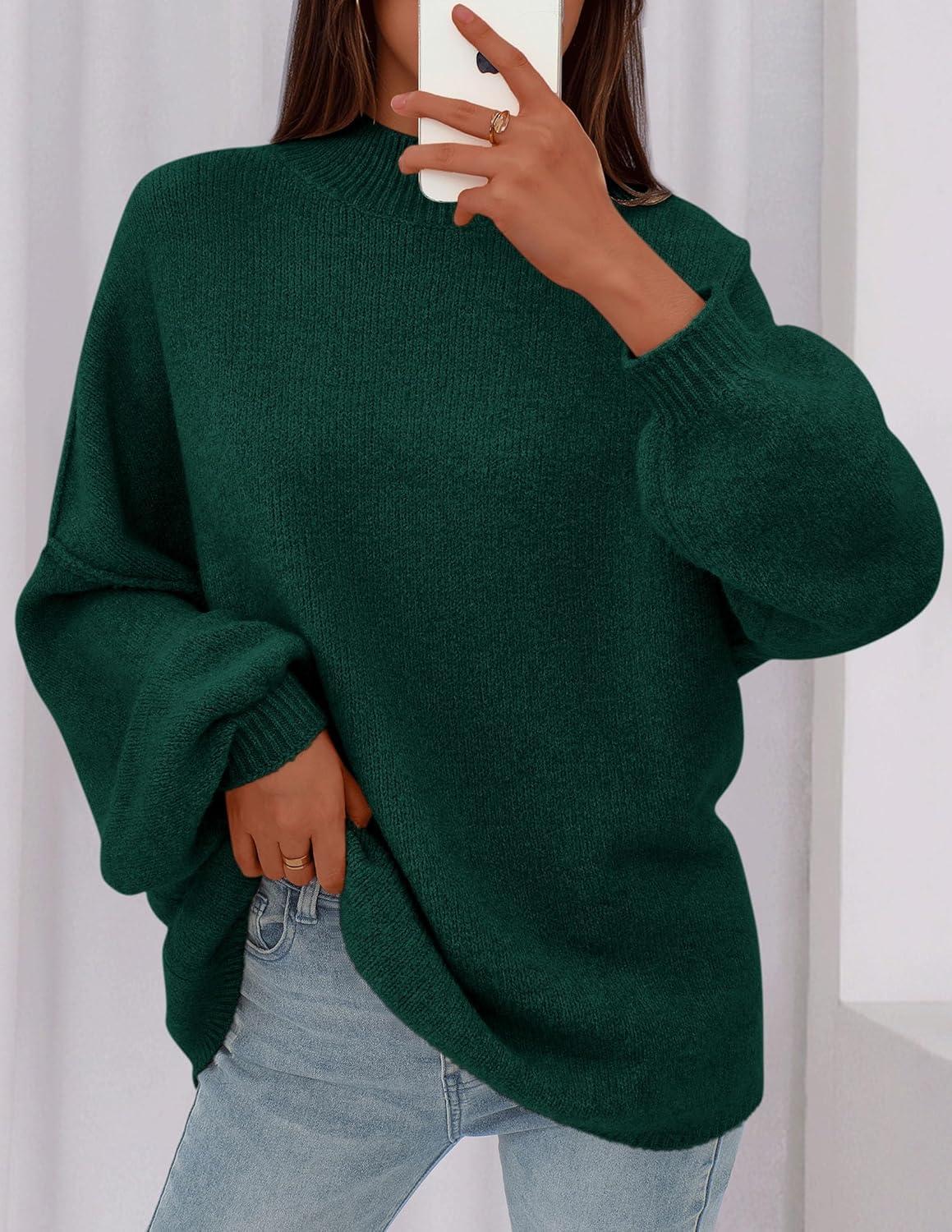 imagePRETTYGARDEN Womens 2026 Fall Oversized Sweaters Chunky Knit Mock Neck Long Sleeve Casual Trendy Pullover Winter ClothesDark Green