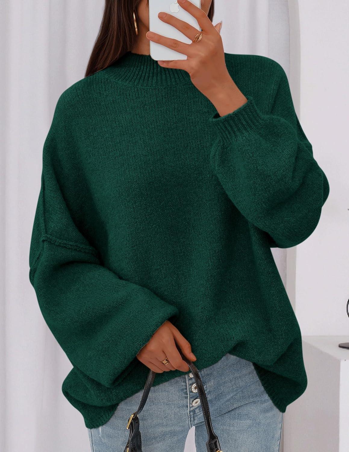 imagePRETTYGARDEN Womens 2026 Fall Oversized Sweaters Chunky Knit Mock Neck Long Sleeve Casual Trendy Pullover Winter ClothesDark Green