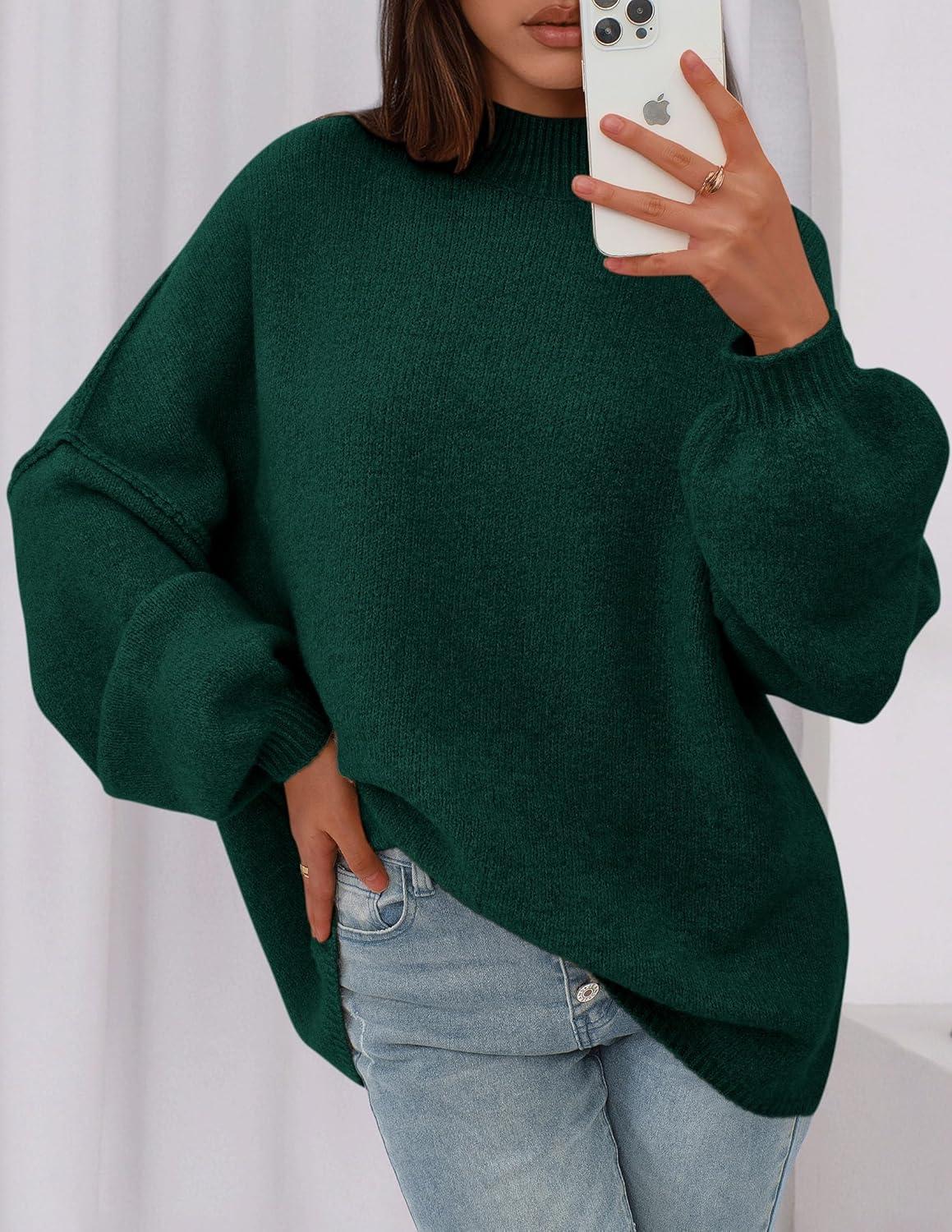 imagePRETTYGARDEN Womens 2026 Fall Oversized Sweaters Chunky Knit Mock Neck Long Sleeve Casual Trendy Pullover Winter ClothesDark Green
