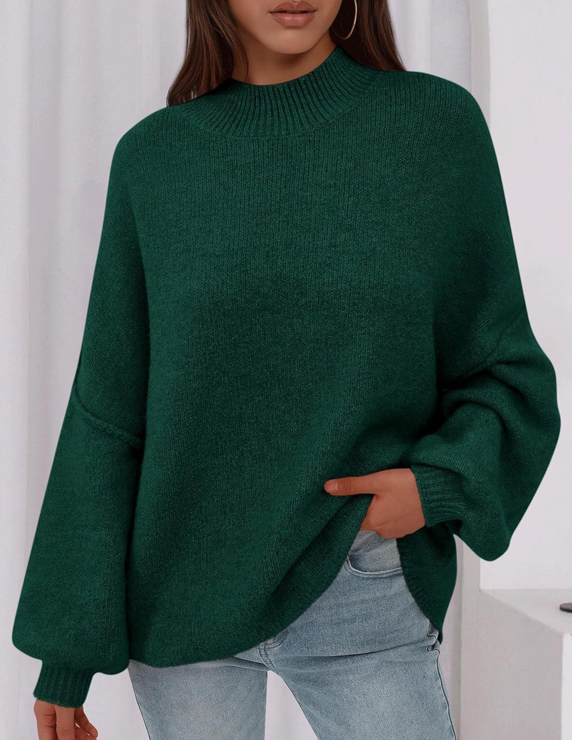 imagePRETTYGARDEN Womens 2026 Fall Oversized Sweaters Chunky Knit Mock Neck Long Sleeve Casual Trendy Pullover Winter ClothesDark Green