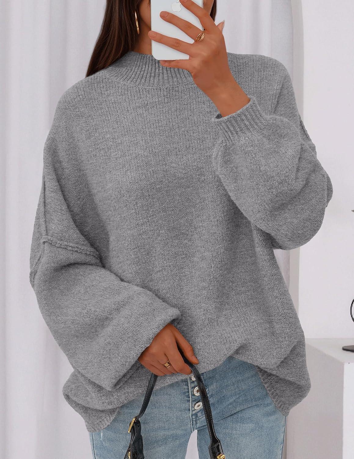 imagePRETTYGARDEN Womens 2026 Fall Oversized Sweaters Chunky Knit Mock Neck Long Sleeve Casual Trendy Pullover Winter ClothesDark Grey