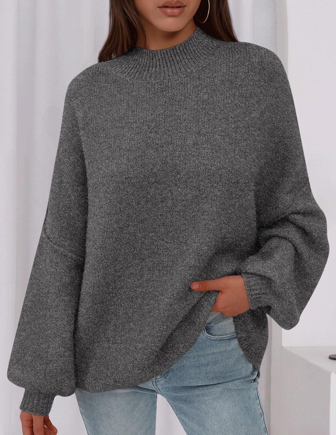 imagePRETTYGARDEN Womens 2026 Fall Oversized Sweaters Chunky Knit Mock Neck Long Sleeve Casual Trendy Pullover Winter ClothesGrey