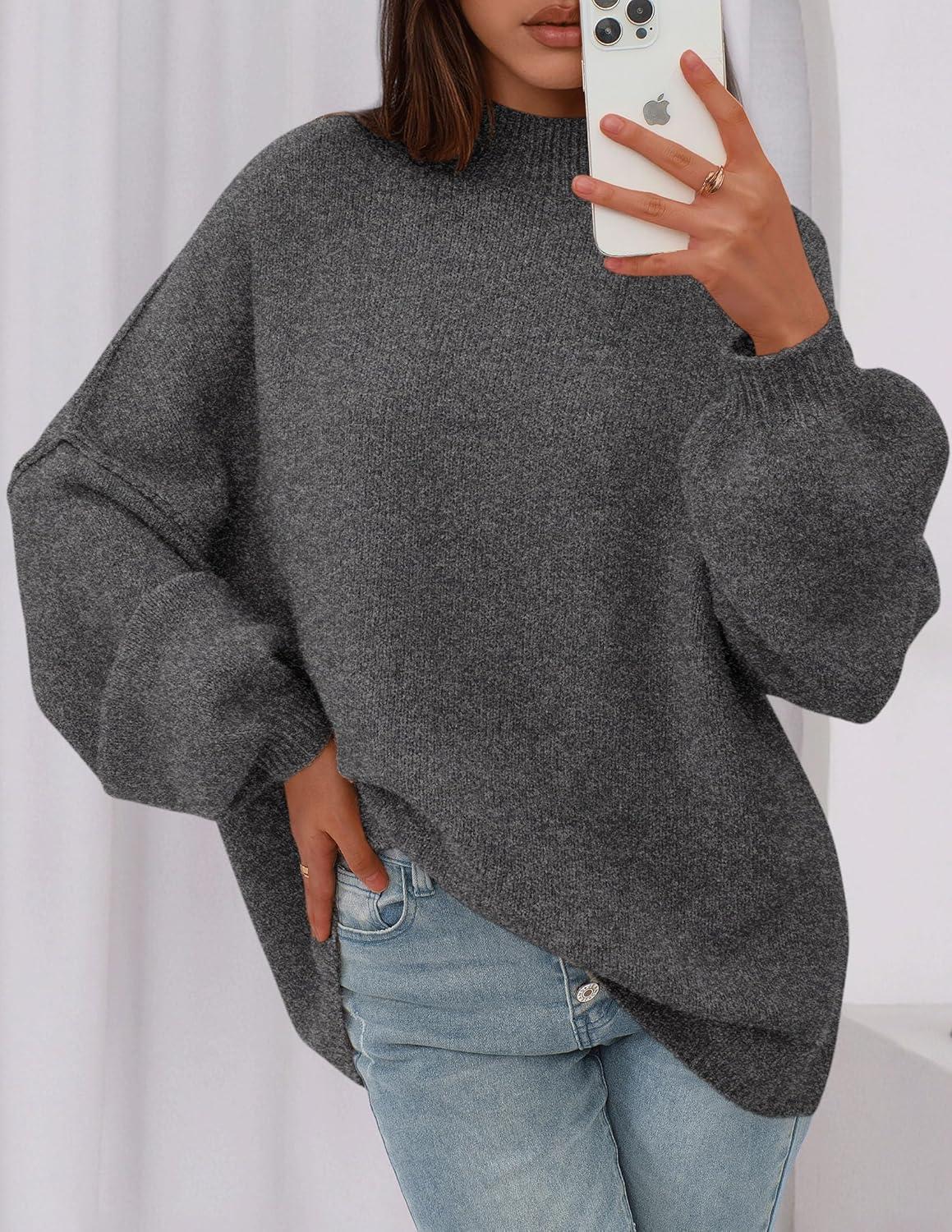 imagePRETTYGARDEN Womens 2026 Fall Oversized Sweaters Chunky Knit Mock Neck Long Sleeve Casual Trendy Pullover Winter ClothesGrey