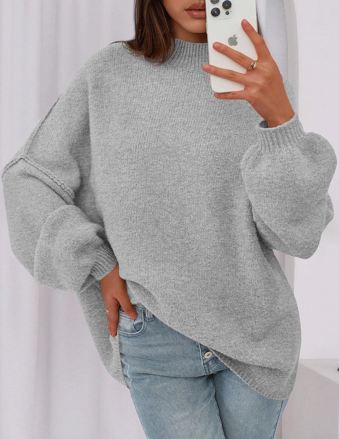 imagePRETTYGARDEN Womens 2026 Fall Oversized Sweaters Chunky Knit Mock Neck Long Sleeve Casual Trendy Pullover Winter ClothesLight Grey