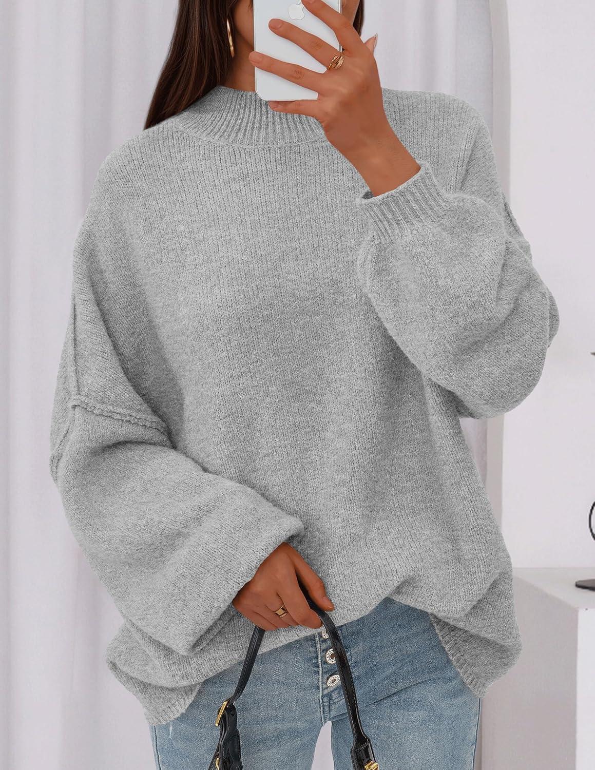 imagePRETTYGARDEN Womens 2026 Fall Oversized Sweaters Chunky Knit Mock Neck Long Sleeve Casual Trendy Pullover Winter ClothesLight Grey
