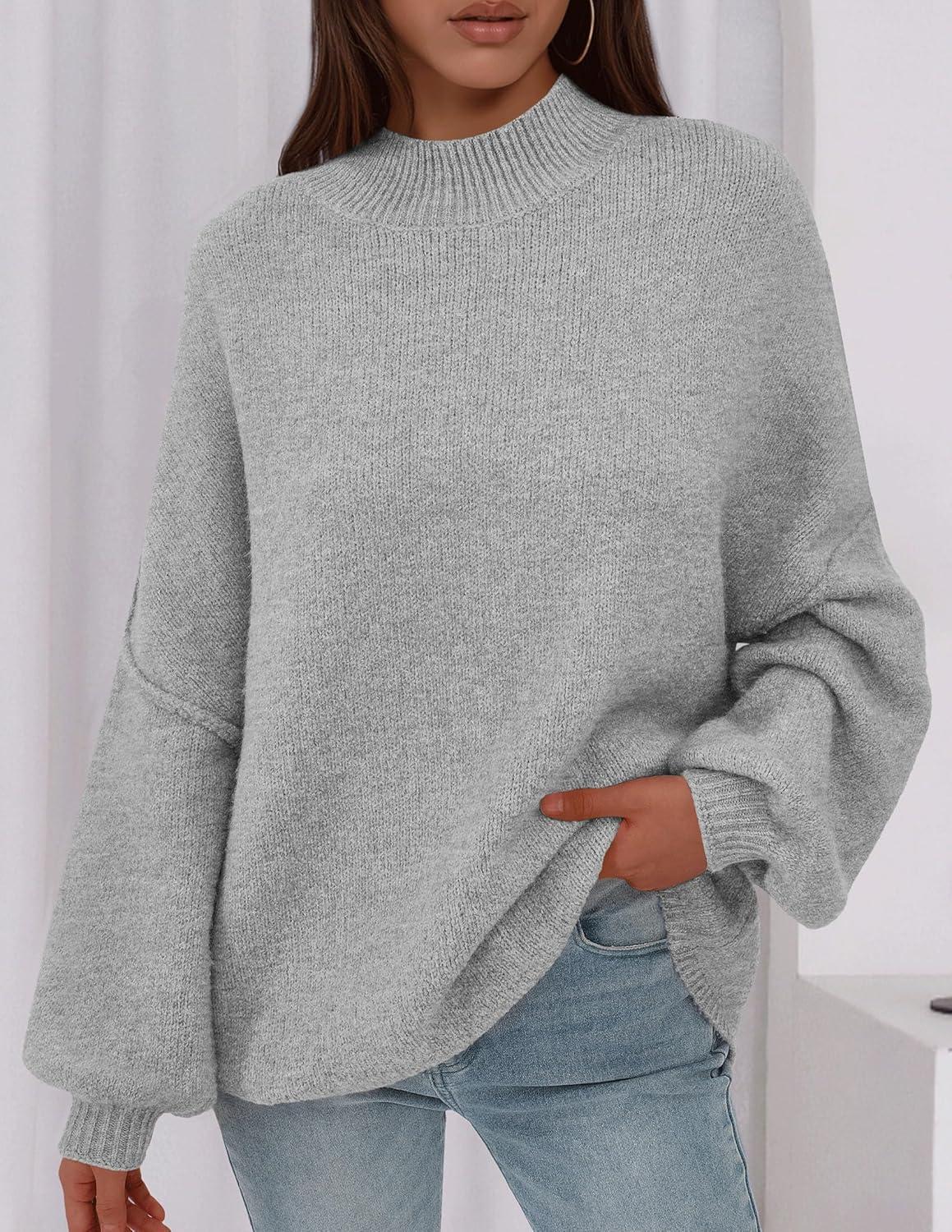 imagePRETTYGARDEN Womens 2026 Fall Oversized Sweaters Chunky Knit Mock Neck Long Sleeve Casual Trendy Pullover Winter ClothesLight Grey