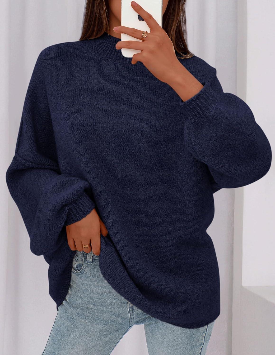 imagePRETTYGARDEN Womens 2026 Fall Oversized Sweaters Chunky Knit Mock Neck Long Sleeve Casual Trendy Pullover Winter ClothesNavy Blue