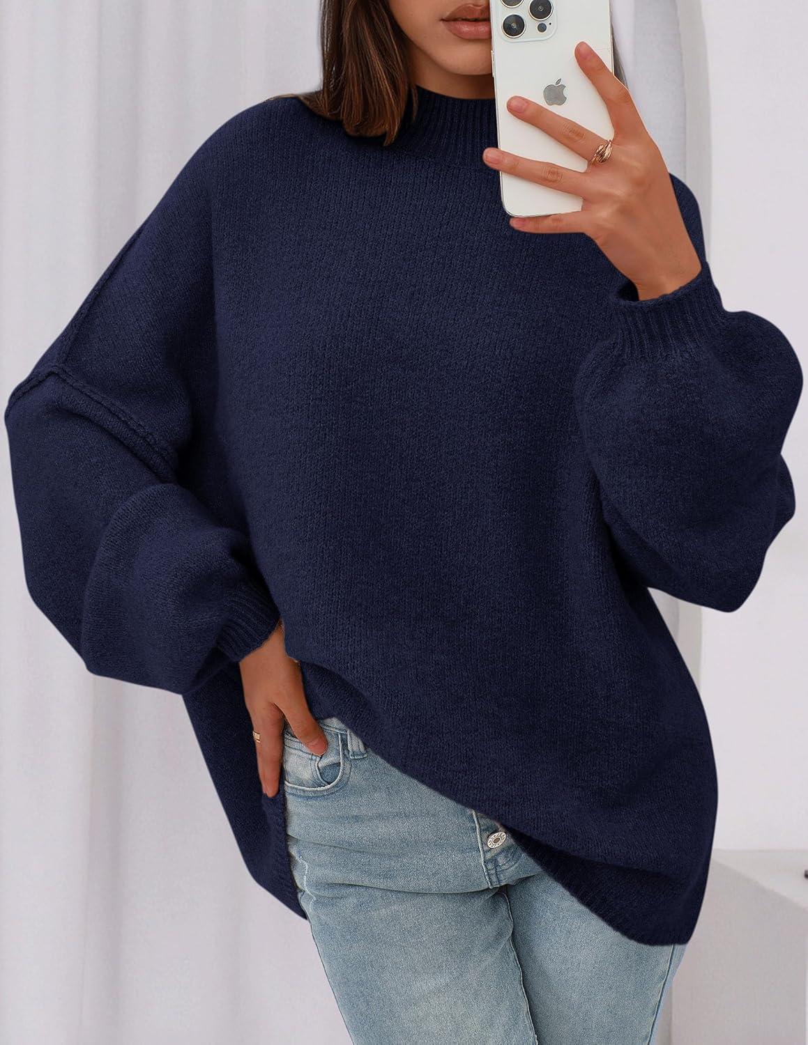 imagePRETTYGARDEN Womens 2026 Fall Oversized Sweaters Chunky Knit Mock Neck Long Sleeve Casual Trendy Pullover Winter ClothesNavy Blue