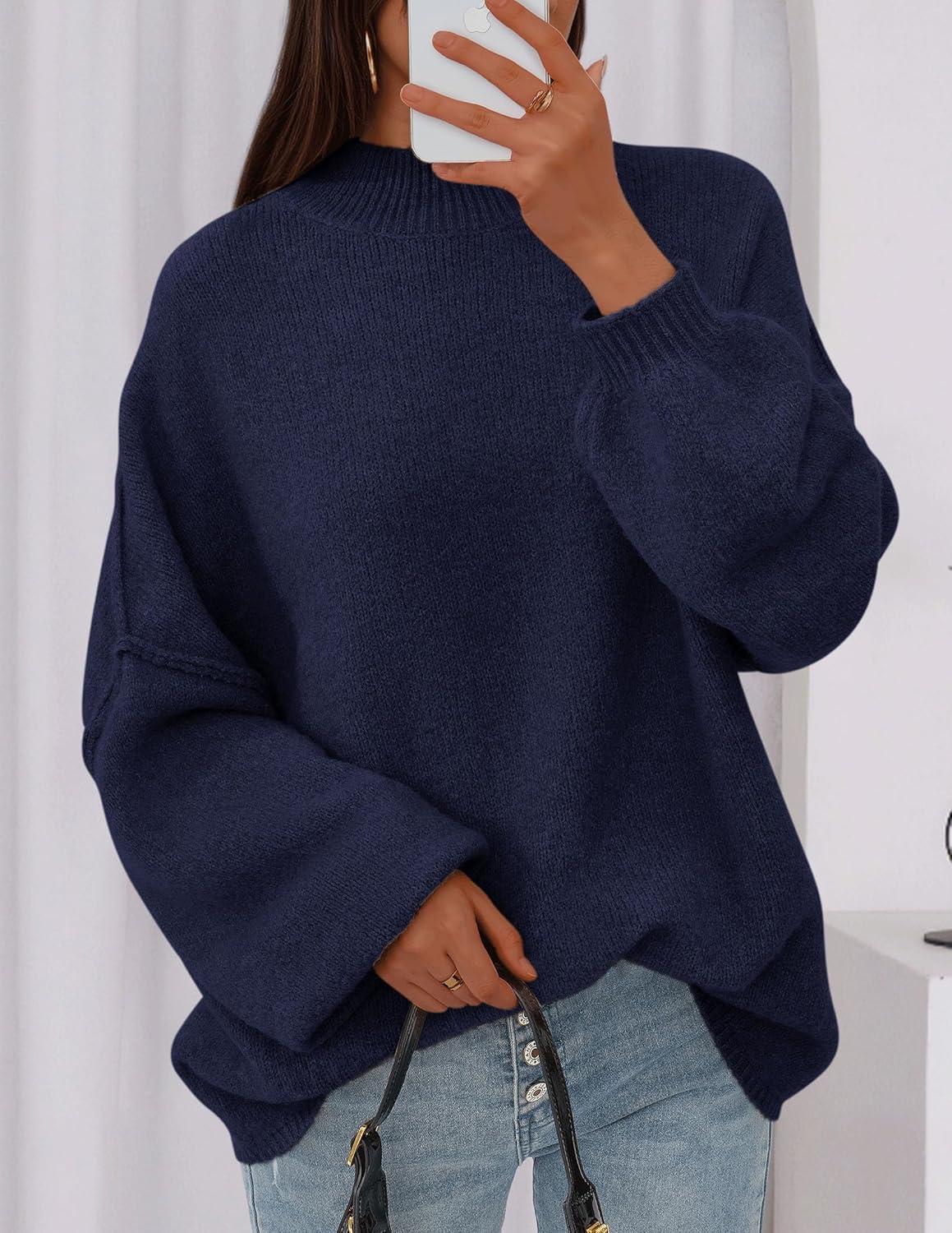 imagePRETTYGARDEN Womens 2026 Fall Oversized Sweaters Chunky Knit Mock Neck Long Sleeve Casual Trendy Pullover Winter ClothesNavy Blue