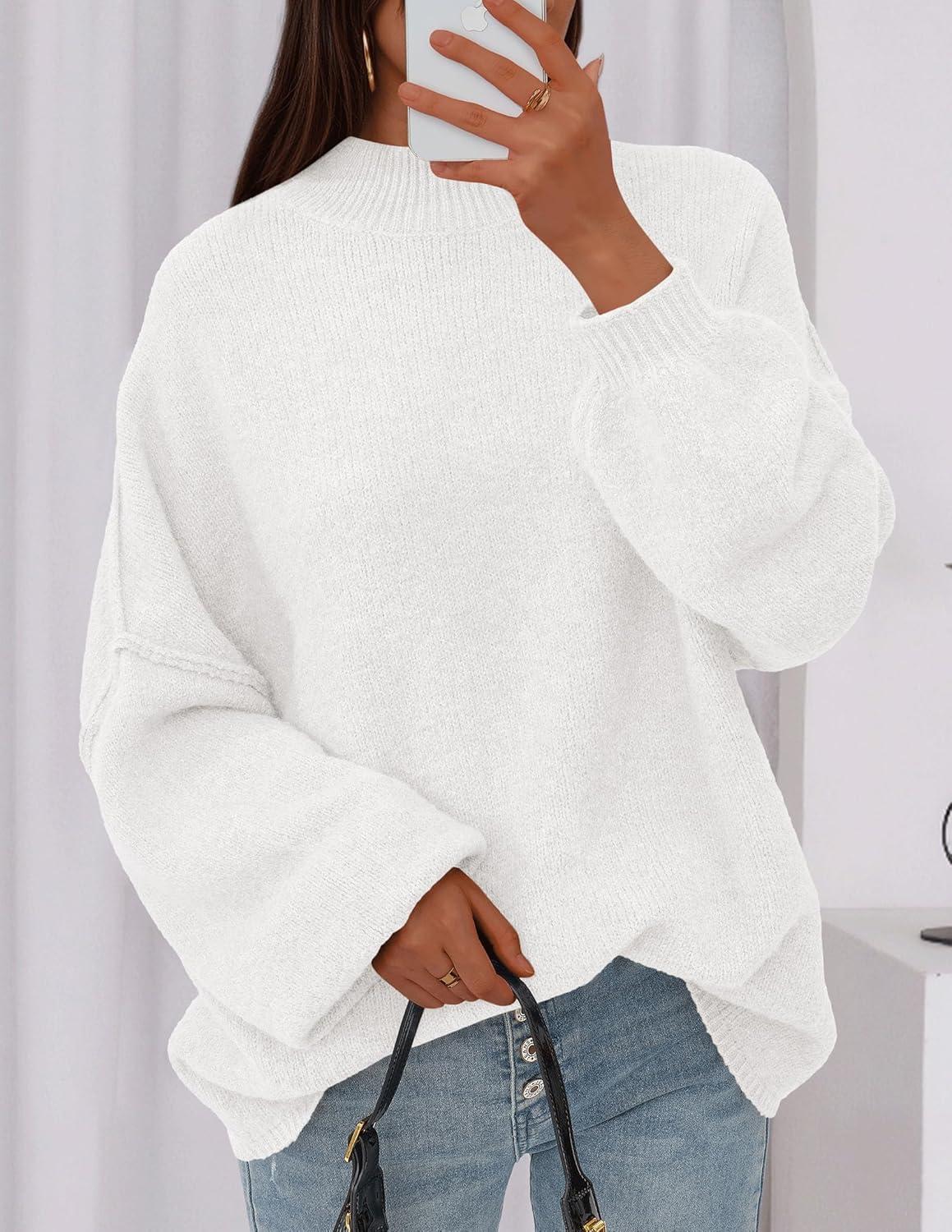 imagePRETTYGARDEN Womens 2026 Fall Oversized Sweaters Chunky Knit Mock Neck Long Sleeve Casual Trendy Pullover Winter ClothesWhite