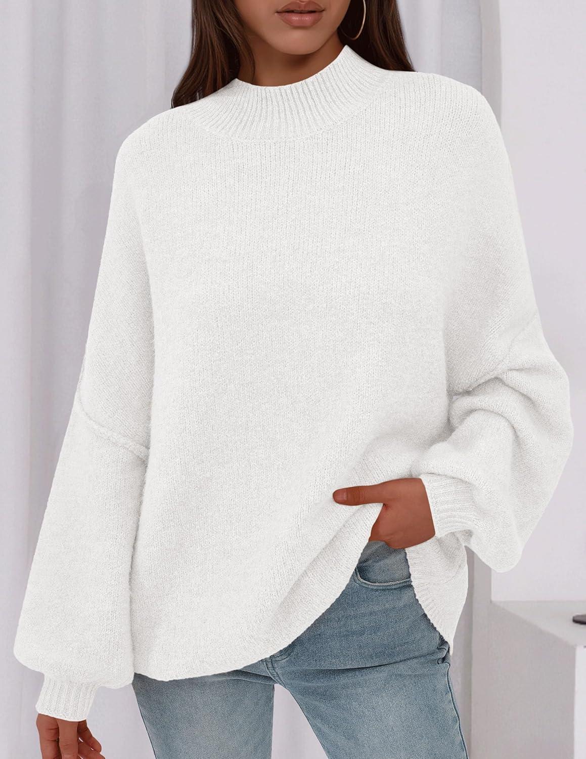 imagePRETTYGARDEN Womens 2026 Fall Oversized Sweaters Chunky Knit Mock Neck Long Sleeve Casual Trendy Pullover Winter ClothesWhite