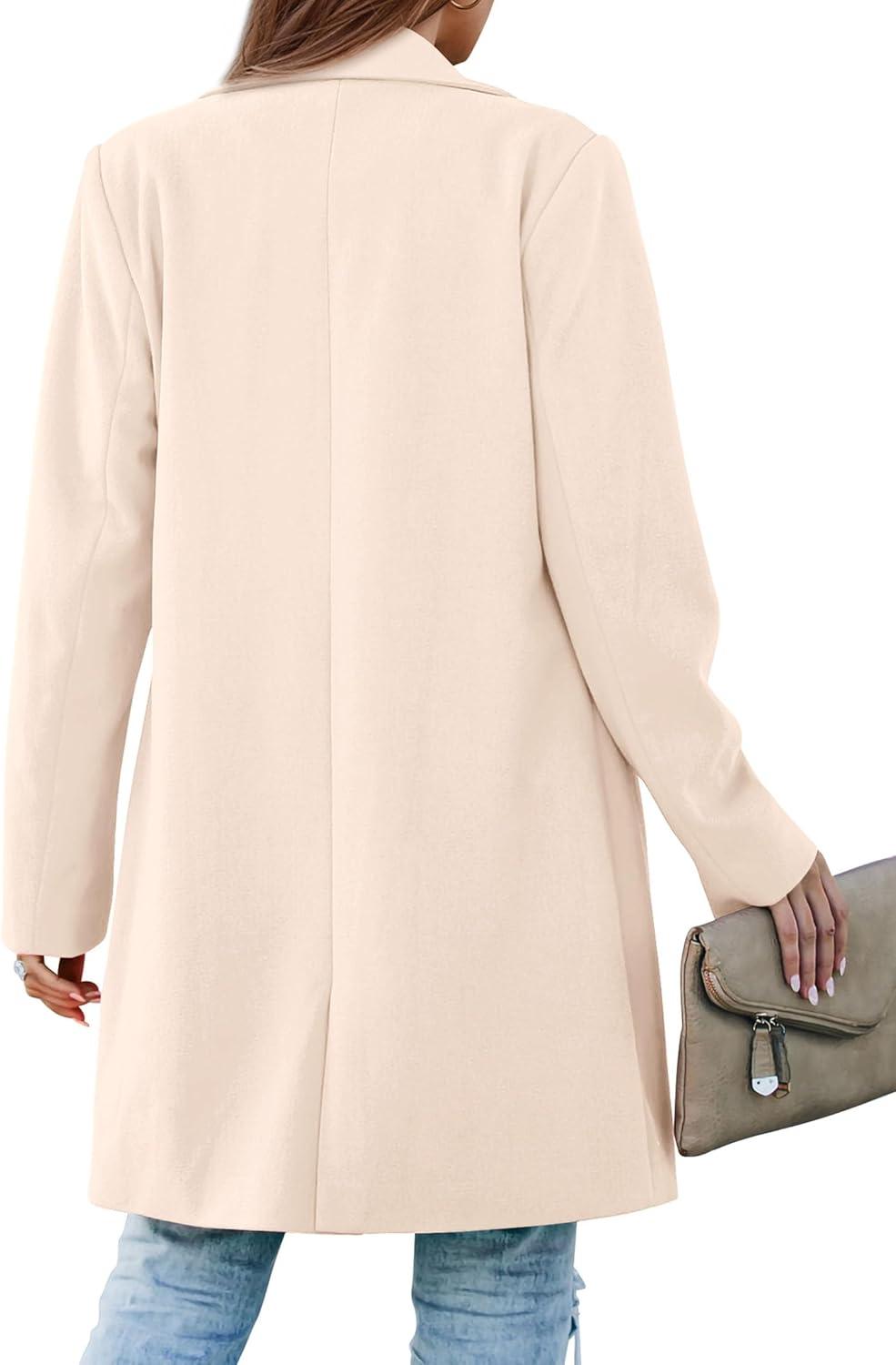 imagePRETTYGARDEN Womens 2026 Spring Fall Long Blazer Jackets Long Sleeve Lapel Pockets Loose Fit Work Casual Blazers OuterwearBeige