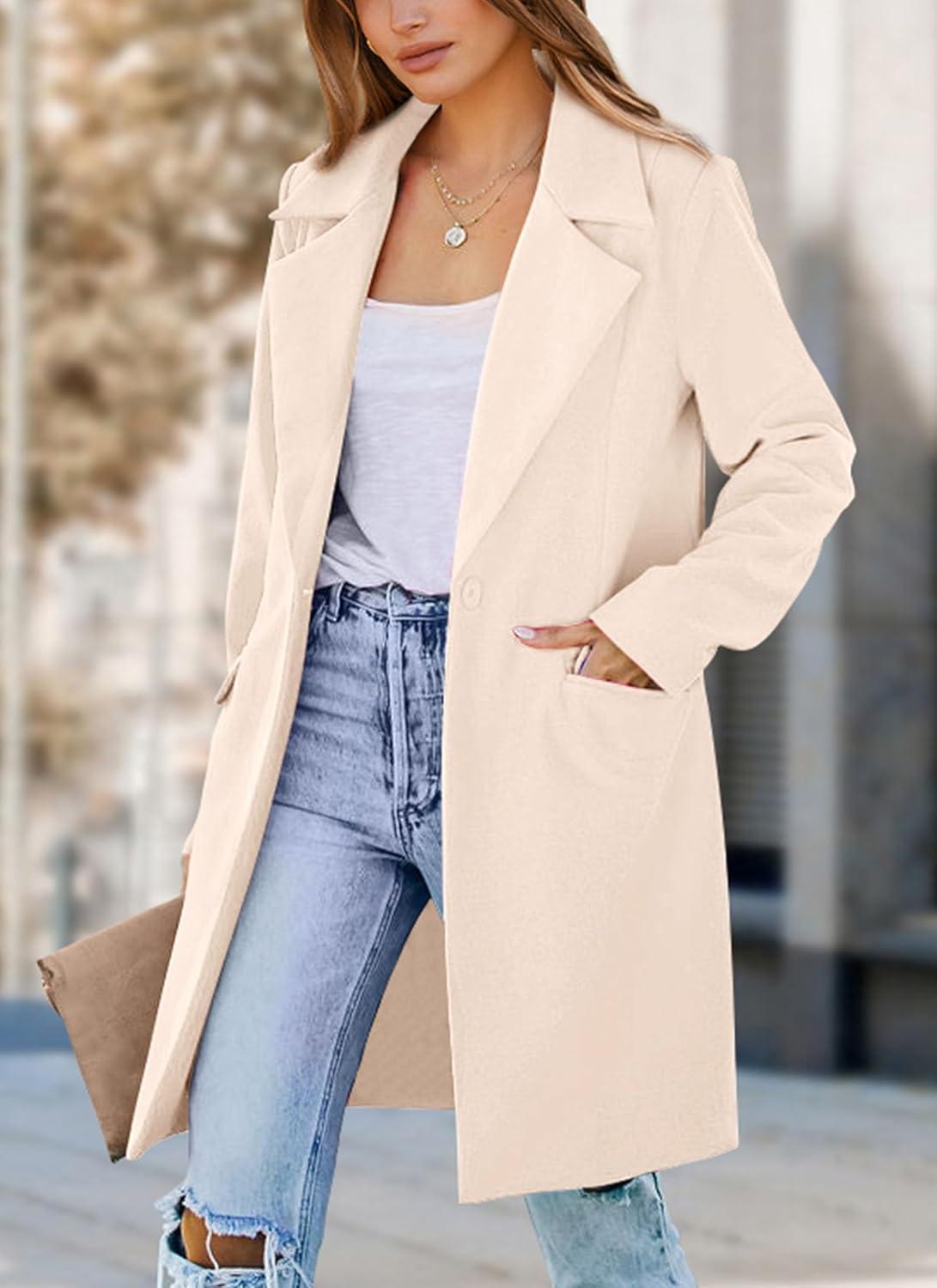 imagePRETTYGARDEN Womens 2026 Spring Fall Long Blazer Jackets Long Sleeve Lapel Pockets Loose Fit Work Casual Blazers OuterwearBeige