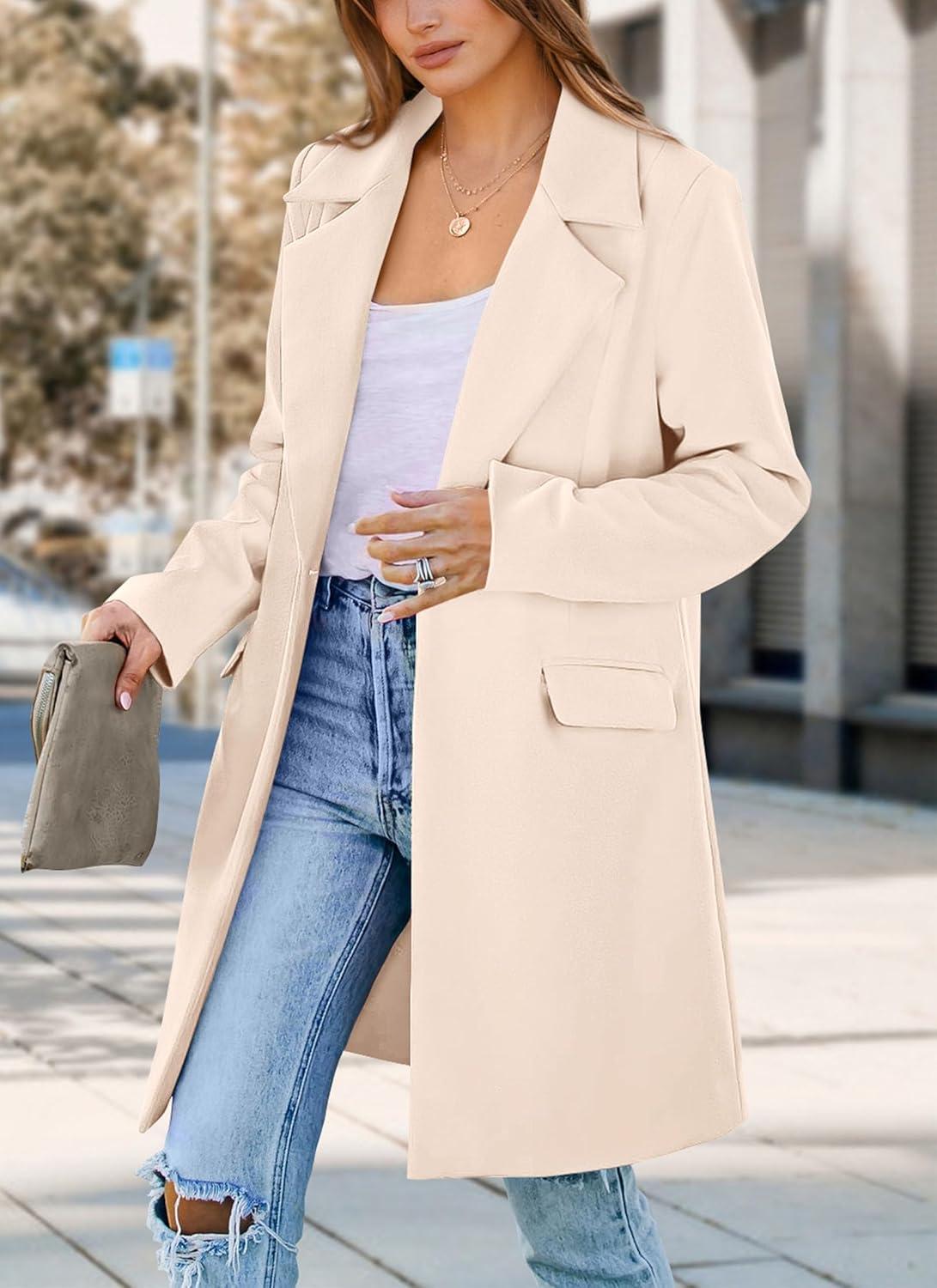 imagePRETTYGARDEN Womens 2026 Spring Fall Long Blazer Jackets Long Sleeve Lapel Pockets Loose Fit Work Casual Blazers OuterwearBeige