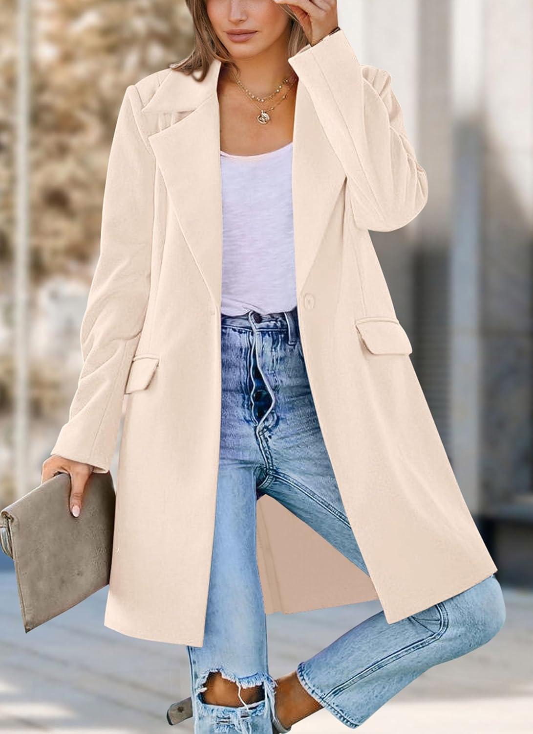 imagePRETTYGARDEN Womens 2026 Spring Fall Long Blazer Jackets Long Sleeve Lapel Pockets Loose Fit Work Casual Blazers OuterwearBeige