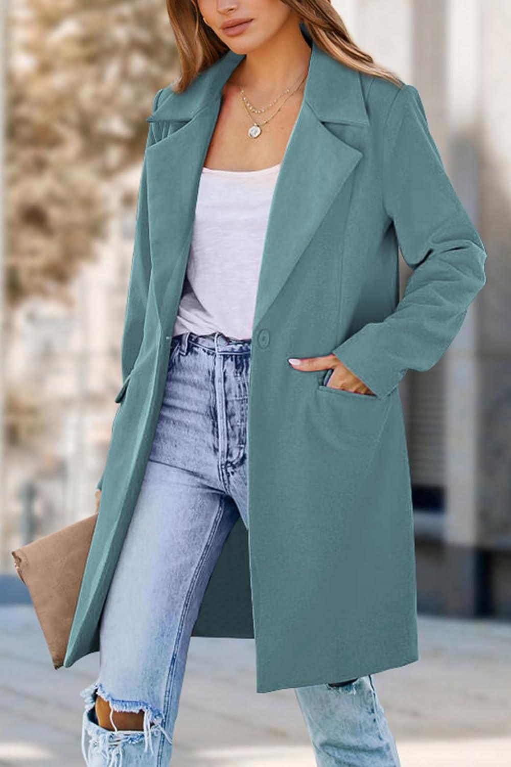 imagePRETTYGARDEN Womens 2026 Spring Fall Long Blazer Jackets Long Sleeve Lapel Pockets Loose Fit Work Casual Blazers OuterwearBlue Green