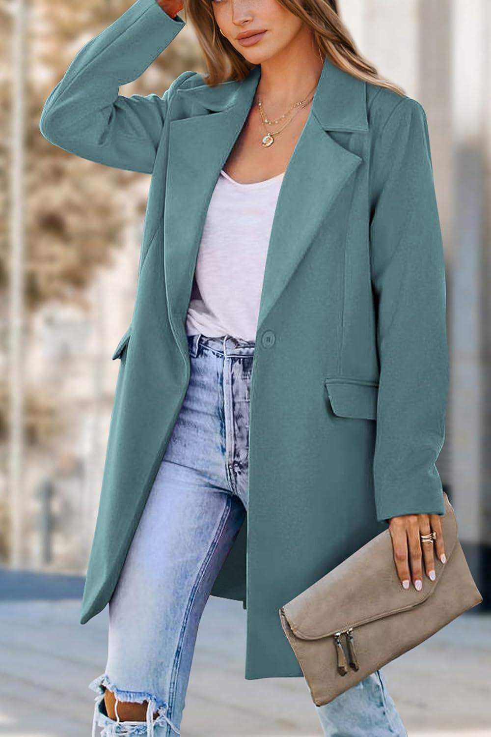 imagePRETTYGARDEN Womens 2026 Spring Fall Long Blazer Jackets Long Sleeve Lapel Pockets Loose Fit Work Casual Blazers OuterwearBlue Green
