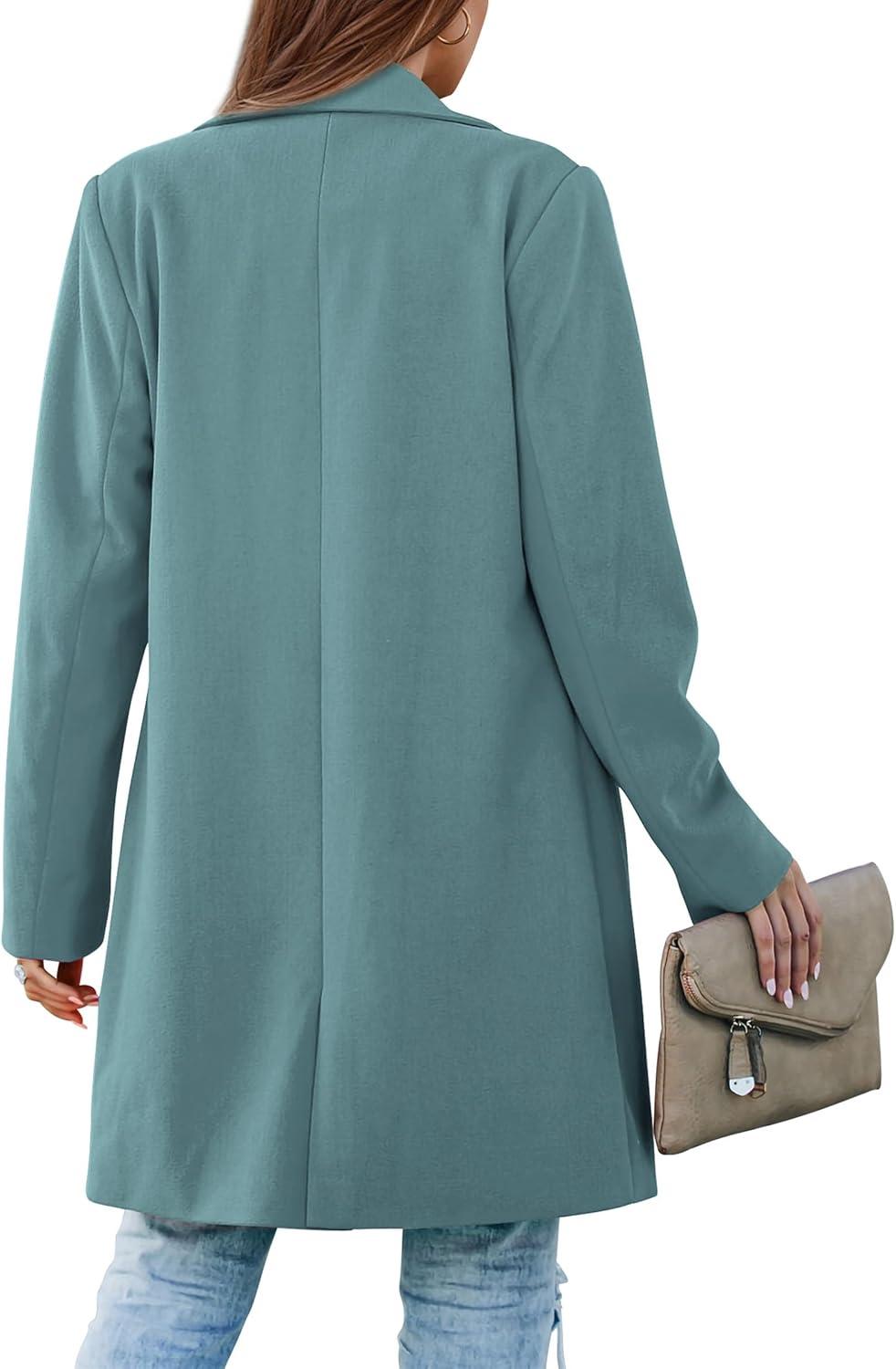 imagePRETTYGARDEN Womens 2026 Spring Fall Long Blazer Jackets Long Sleeve Lapel Pockets Loose Fit Work Casual Blazers OuterwearBlue Green