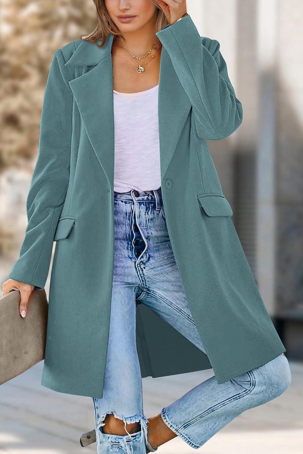 imagePRETTYGARDEN Womens 2026 Spring Fall Long Blazer Jackets Long Sleeve Lapel Pockets Loose Fit Work Casual Blazers OuterwearBlue Green