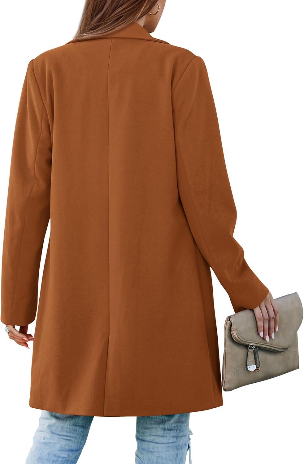 imagePRETTYGARDEN Womens 2026 Spring Fall Long Blazer Jackets Long Sleeve Lapel Pockets Loose Fit Work Casual Blazers OuterwearBrown
