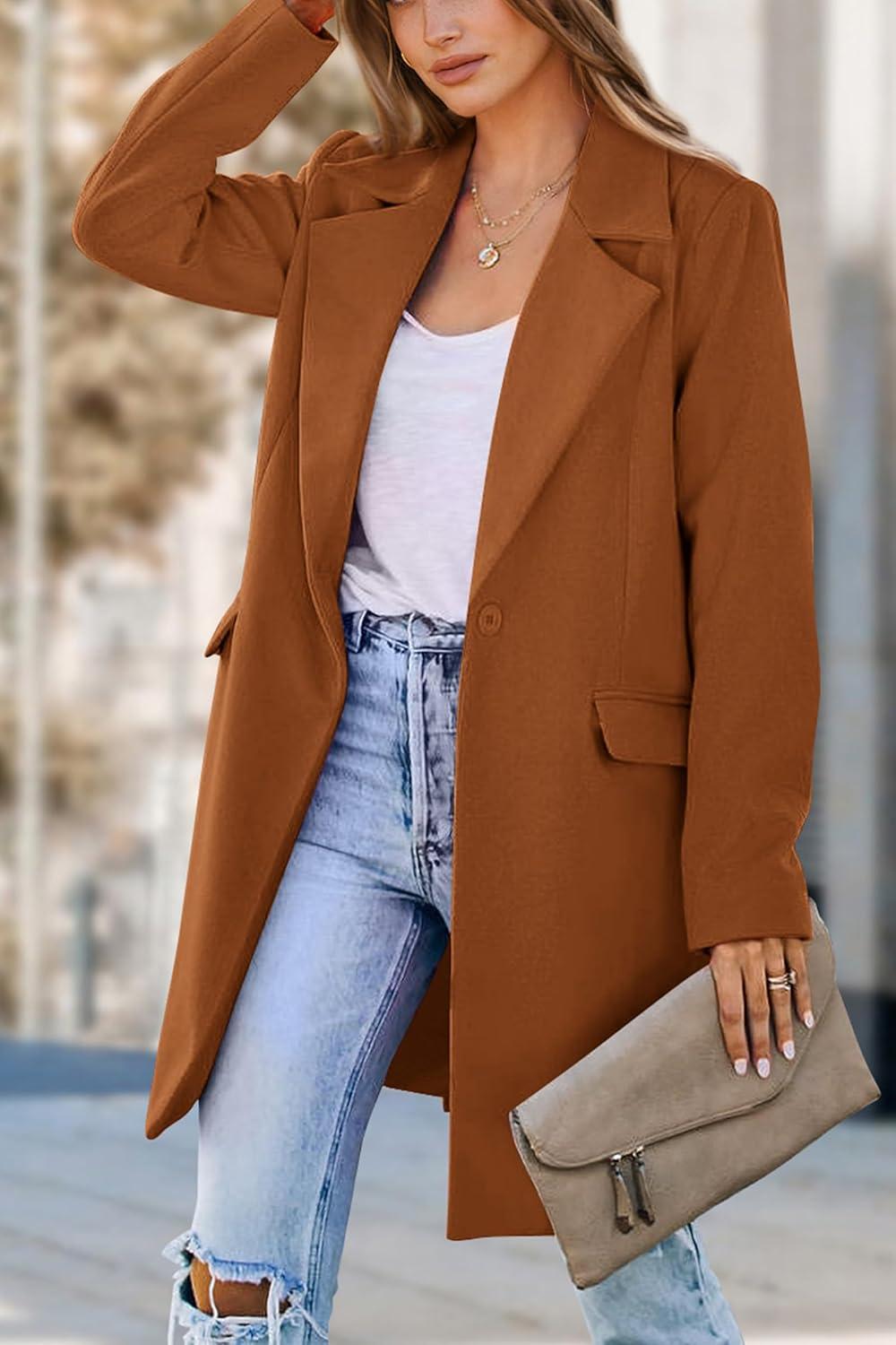 imagePRETTYGARDEN Womens 2026 Spring Fall Long Blazer Jackets Long Sleeve Lapel Pockets Loose Fit Work Casual Blazers OuterwearBrown