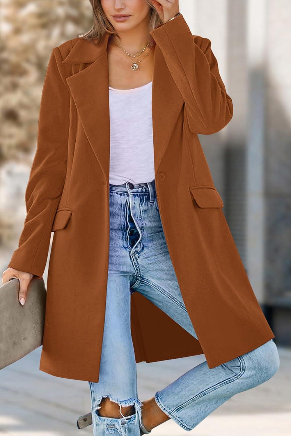 imagePRETTYGARDEN Womens 2026 Spring Fall Long Blazer Jackets Long Sleeve Lapel Pockets Loose Fit Work Casual Blazers OuterwearBrown