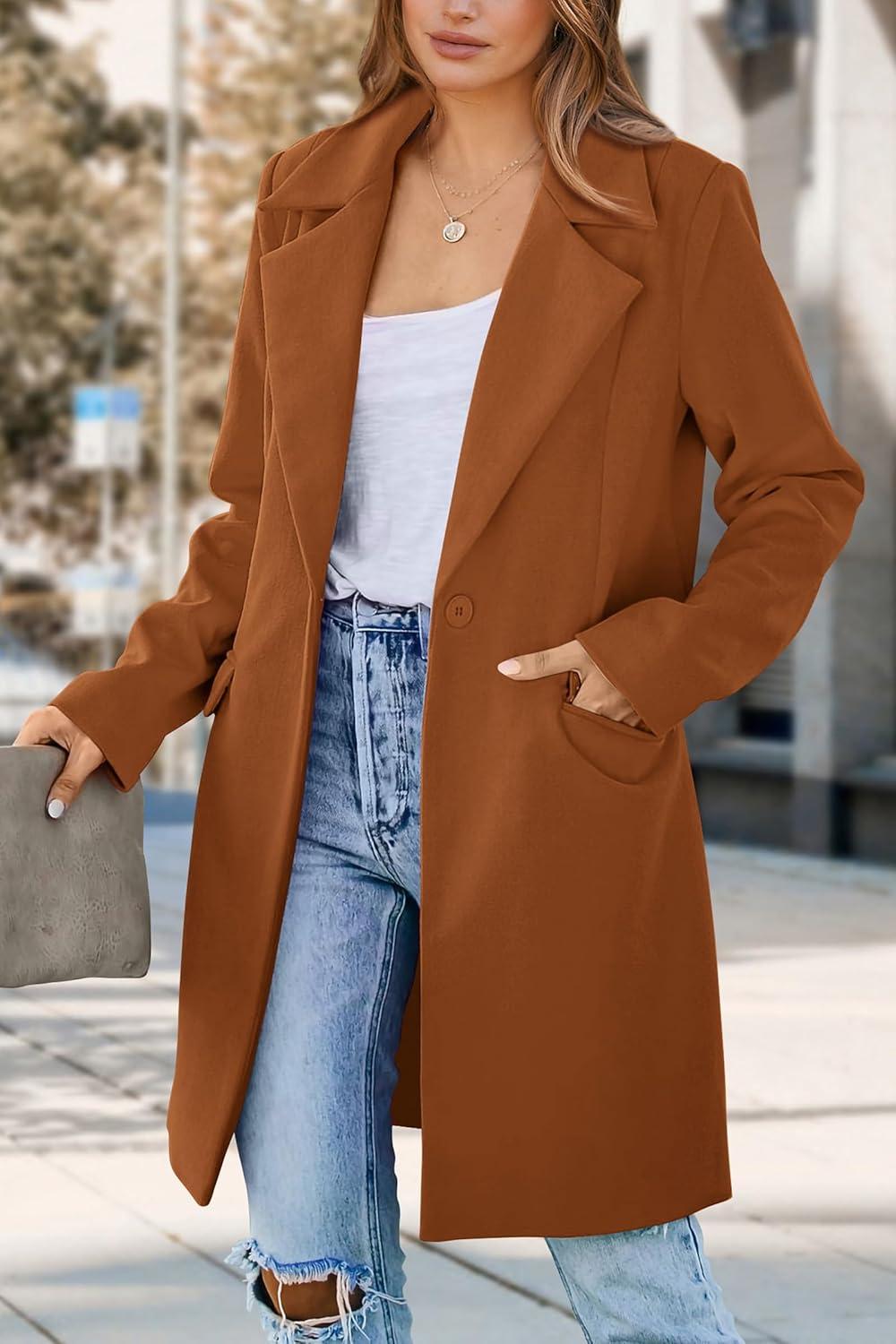 imagePRETTYGARDEN Womens 2026 Spring Fall Long Blazer Jackets Long Sleeve Lapel Pockets Loose Fit Work Casual Blazers OuterwearBrown