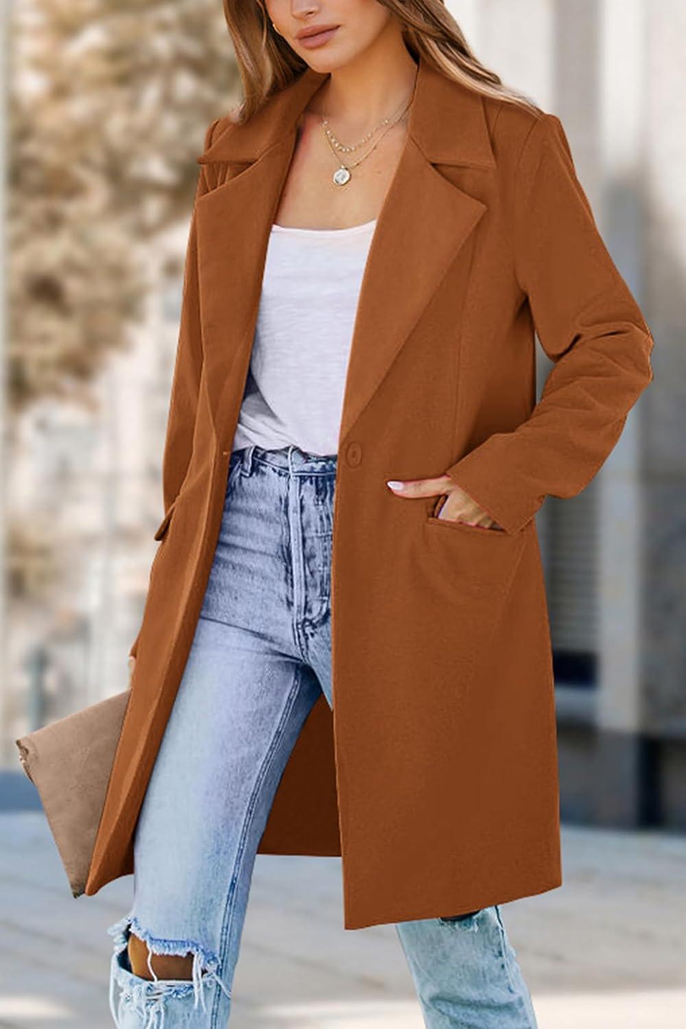 imagePRETTYGARDEN Womens 2026 Spring Fall Long Blazer Jackets Long Sleeve Lapel Pockets Loose Fit Work Casual Blazers OuterwearBrown