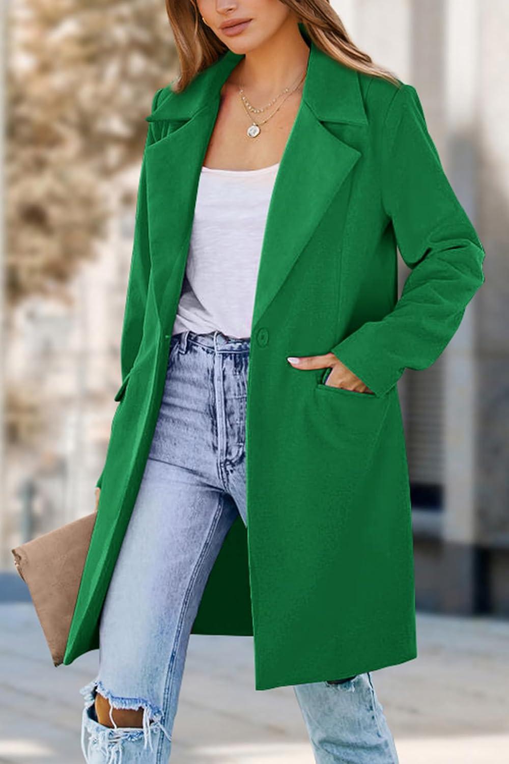 imagePRETTYGARDEN Womens 2026 Spring Fall Long Blazer Jackets Long Sleeve Lapel Pockets Loose Fit Work Casual Blazers OuterwearGreen