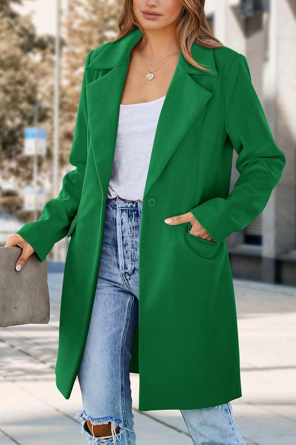 imagePRETTYGARDEN Womens 2026 Spring Fall Long Blazer Jackets Long Sleeve Lapel Pockets Loose Fit Work Casual Blazers OuterwearGreen