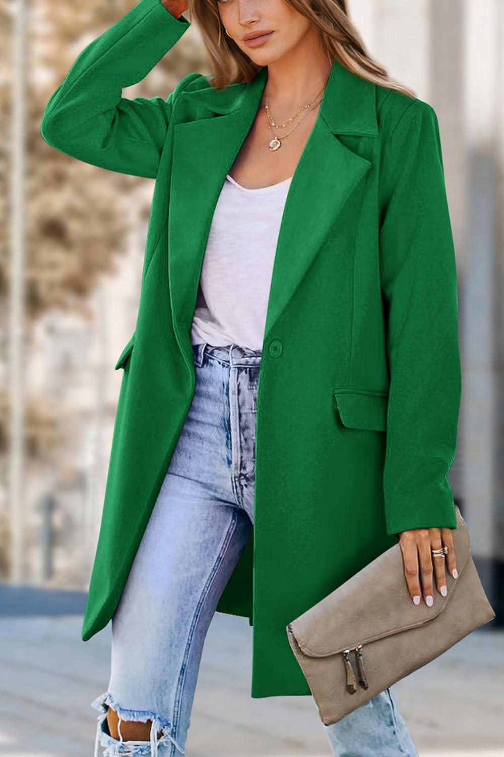 imagePRETTYGARDEN Womens 2026 Spring Fall Long Blazer Jackets Long Sleeve Lapel Pockets Loose Fit Work Casual Blazers OuterwearGreen