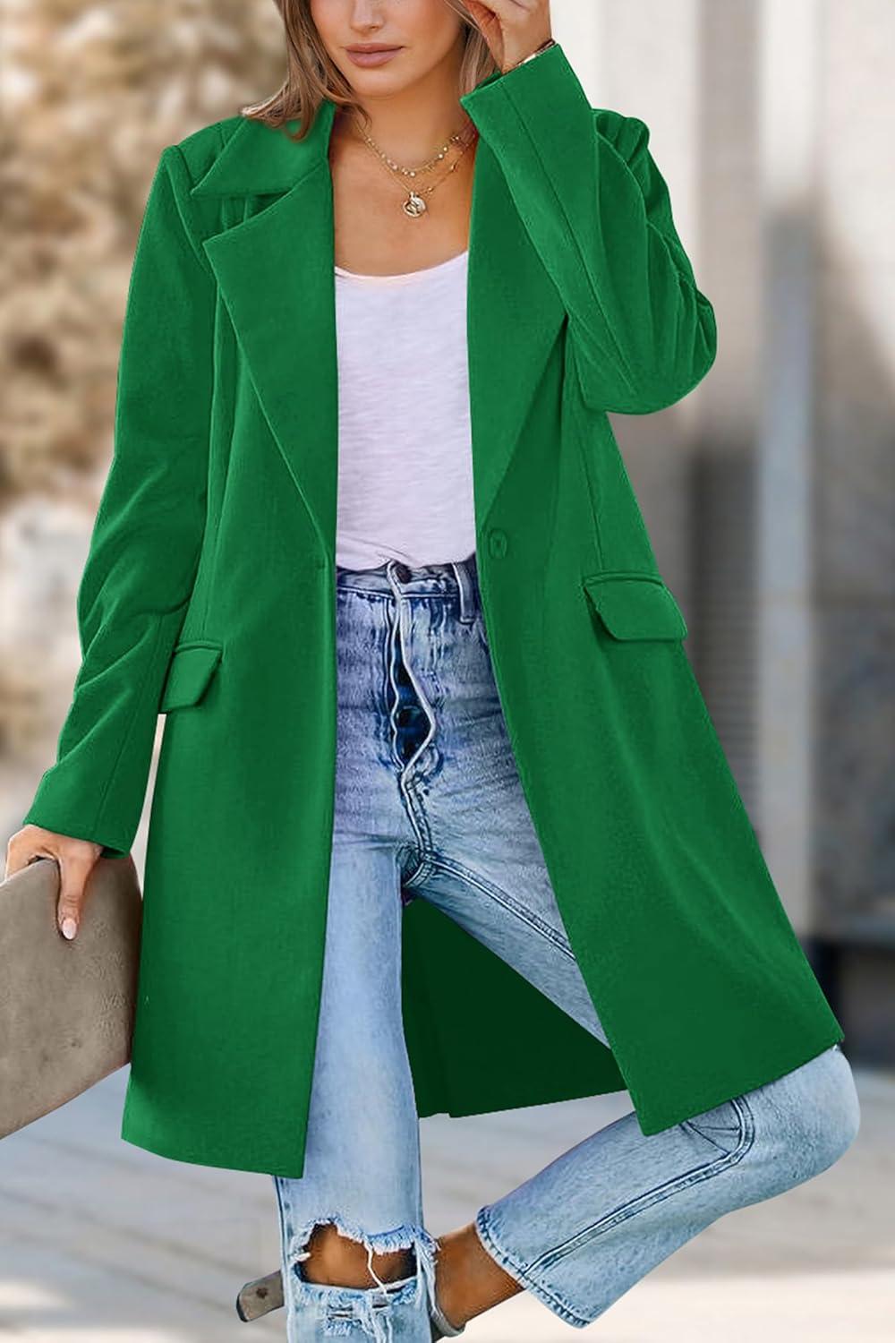 imagePRETTYGARDEN Womens 2026 Spring Fall Long Blazer Jackets Long Sleeve Lapel Pockets Loose Fit Work Casual Blazers OuterwearGreen