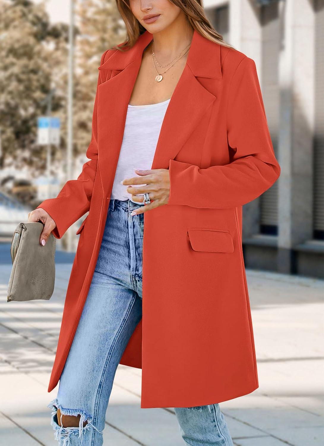 imagePRETTYGARDEN Womens 2026 Spring Fall Long Blazer Jackets Long Sleeve Lapel Pockets Loose Fit Work Casual Blazers OuterwearOrange Red