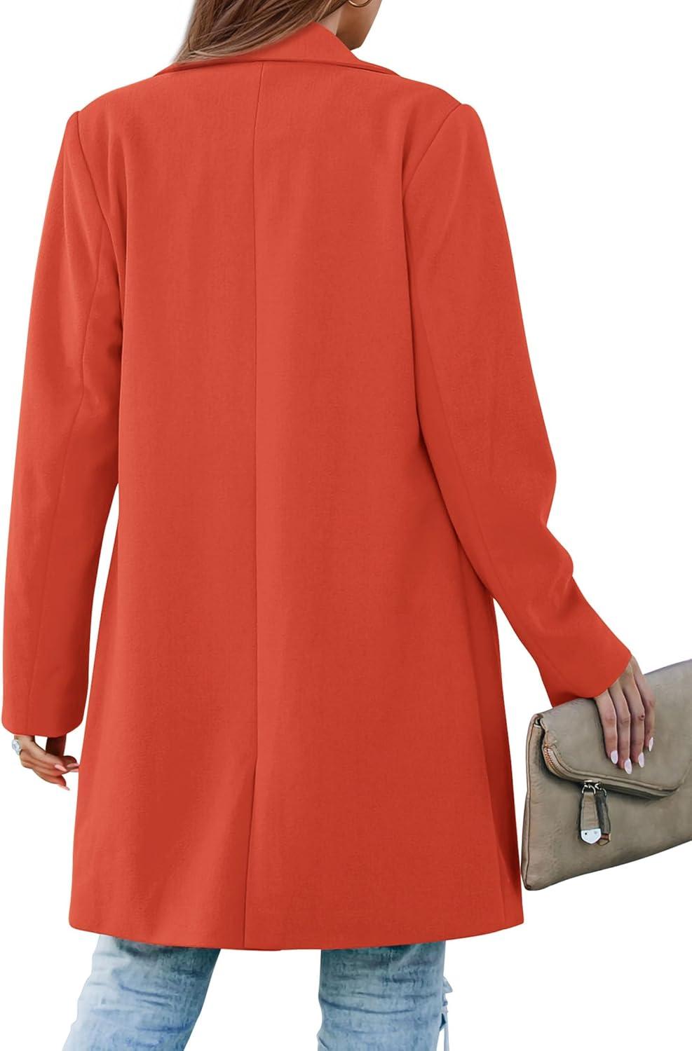 imagePRETTYGARDEN Womens 2026 Spring Fall Long Blazer Jackets Long Sleeve Lapel Pockets Loose Fit Work Casual Blazers OuterwearOrange Red
