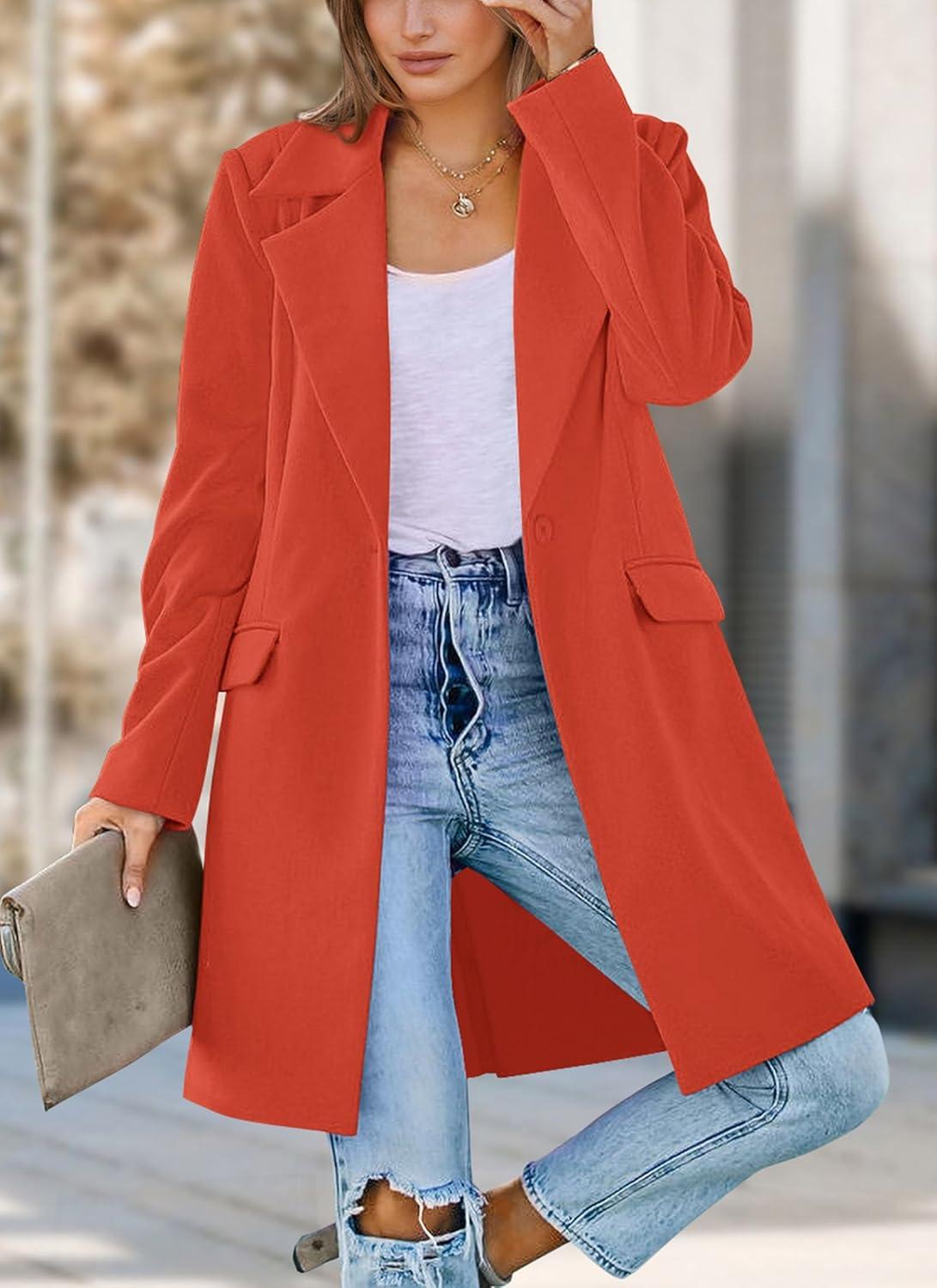 imagePRETTYGARDEN Womens 2026 Spring Fall Long Blazer Jackets Long Sleeve Lapel Pockets Loose Fit Work Casual Blazers OuterwearOrange Red