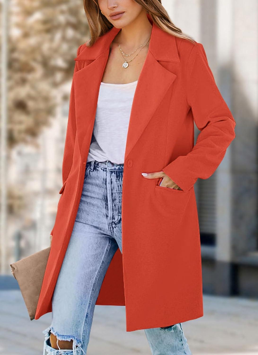 imagePRETTYGARDEN Womens 2026 Spring Fall Long Blazer Jackets Long Sleeve Lapel Pockets Loose Fit Work Casual Blazers OuterwearOrange Red