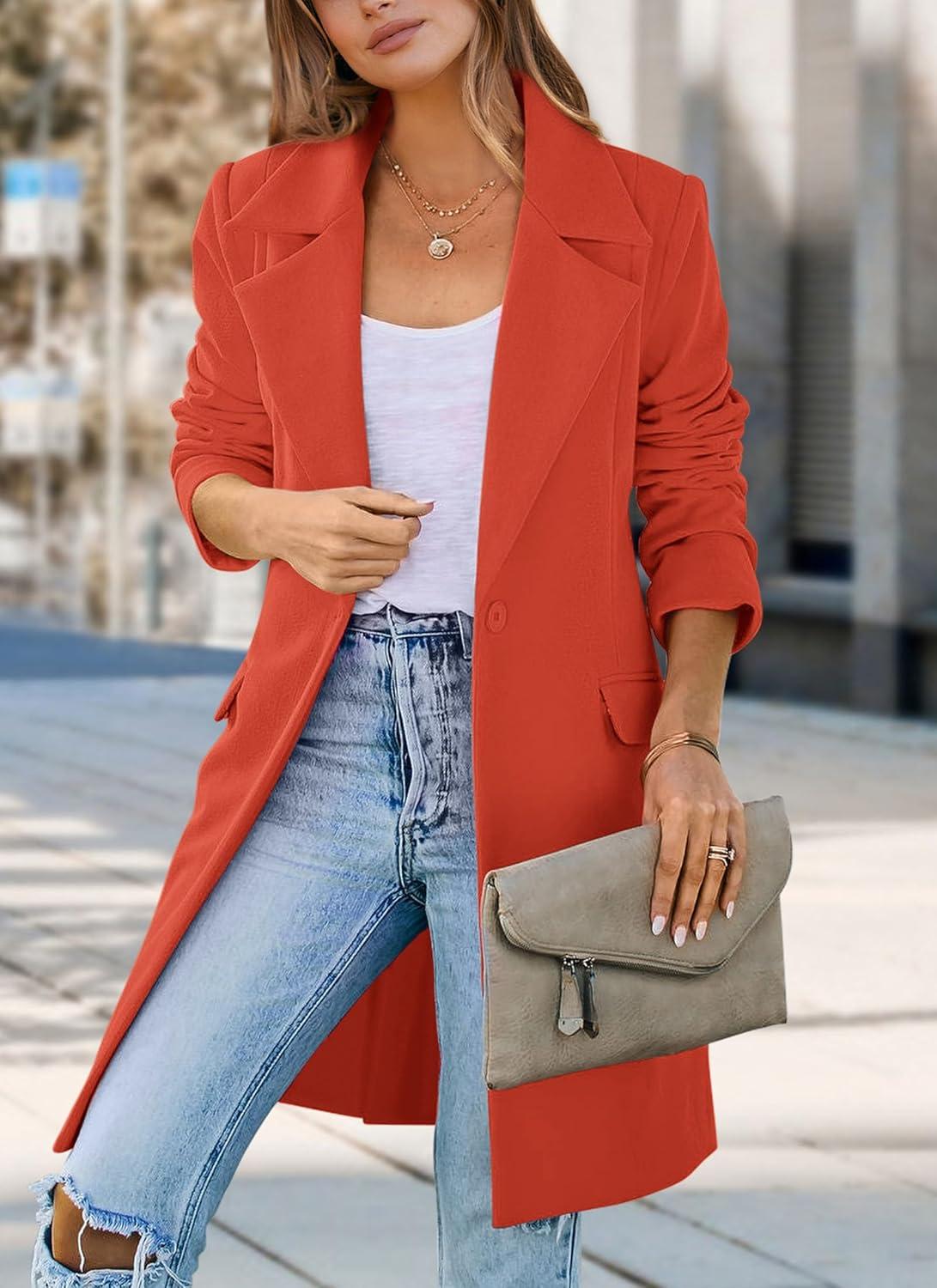 imagePRETTYGARDEN Womens 2026 Spring Fall Long Blazer Jackets Long Sleeve Lapel Pockets Loose Fit Work Casual Blazers OuterwearOrange Red