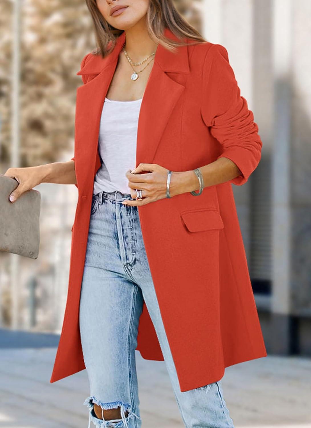 imagePRETTYGARDEN Womens 2026 Spring Fall Long Blazer Jackets Long Sleeve Lapel Pockets Loose Fit Work Casual Blazers OuterwearOrange Red