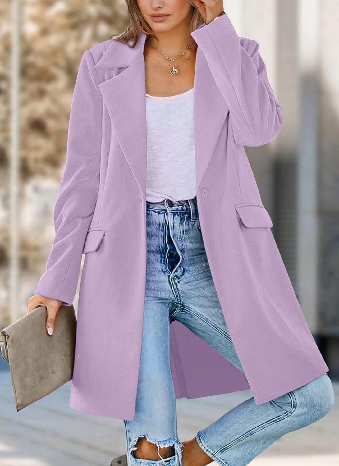 imagePRETTYGARDEN Womens 2026 Spring Fall Long Blazer Jackets Long Sleeve Lapel Pockets Loose Fit Work Casual Blazers OuterwearPurple