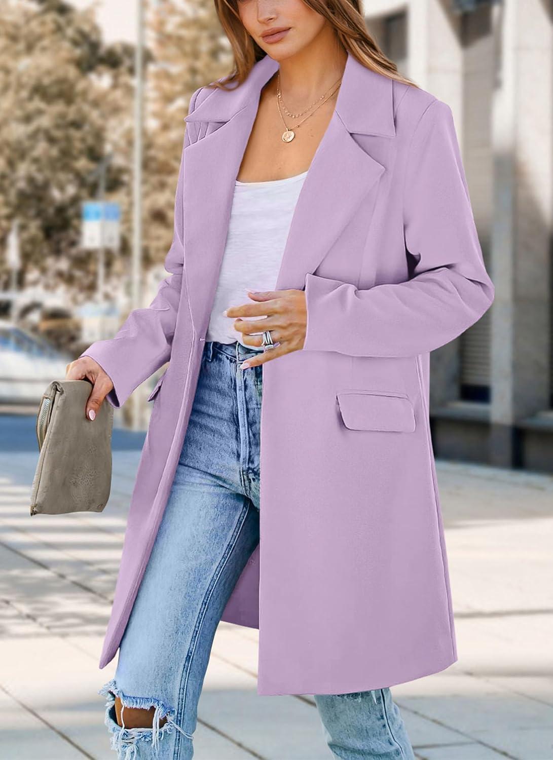 imagePRETTYGARDEN Womens 2026 Spring Fall Long Blazer Jackets Long Sleeve Lapel Pockets Loose Fit Work Casual Blazers OuterwearPurple