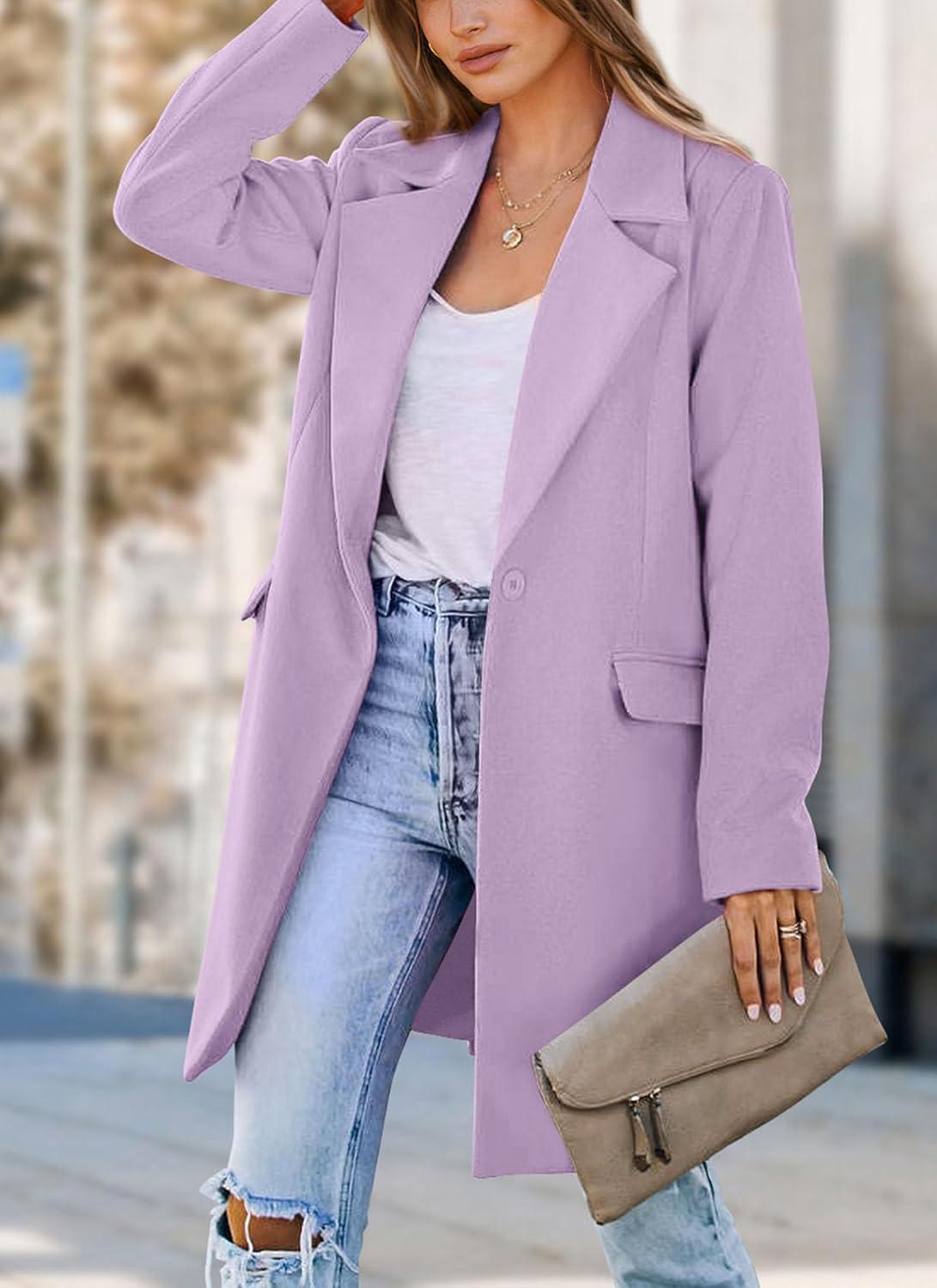 imagePRETTYGARDEN Womens 2026 Spring Fall Long Blazer Jackets Long Sleeve Lapel Pockets Loose Fit Work Casual Blazers OuterwearPurple