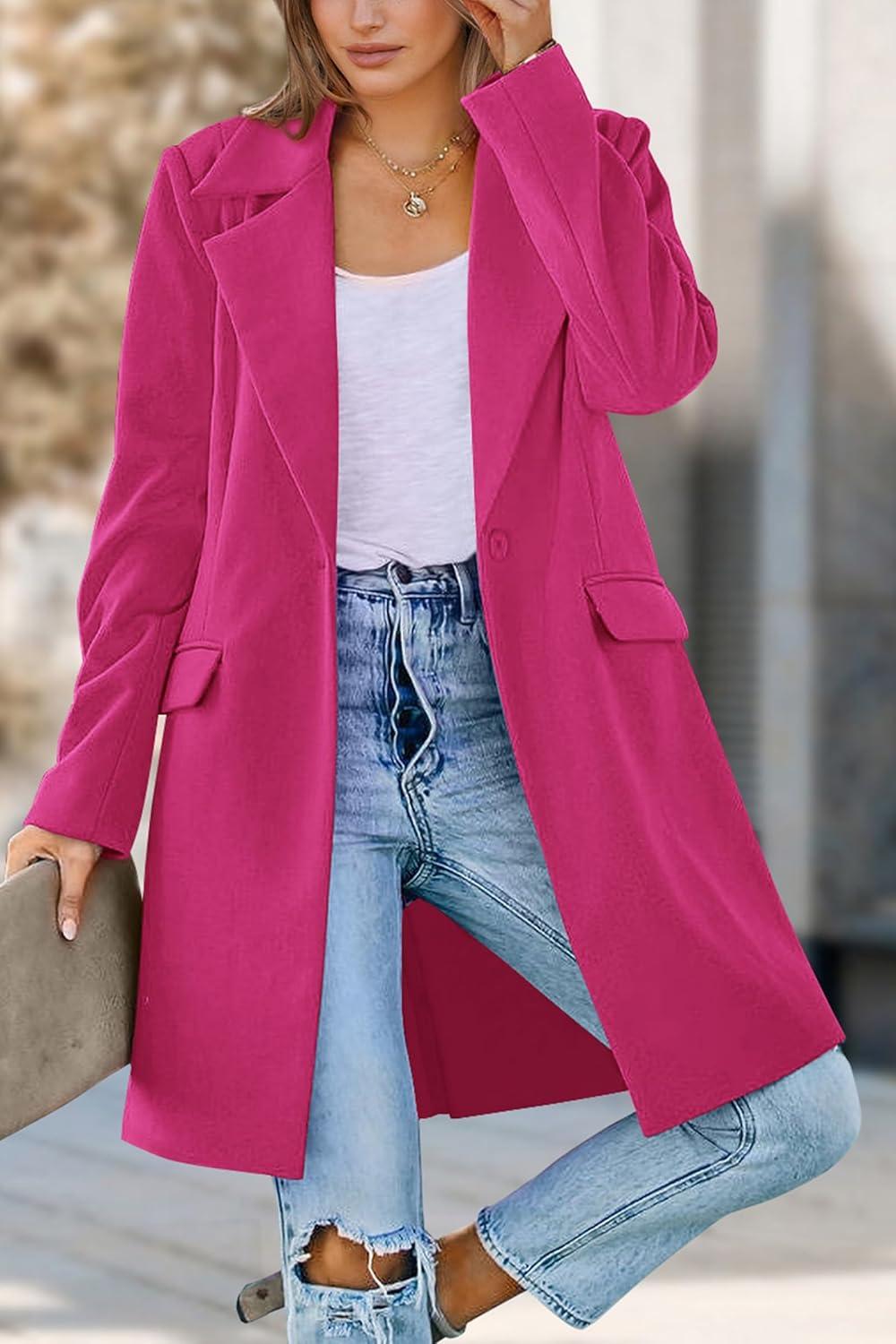 imagePRETTYGARDEN Womens 2026 Spring Fall Long Blazer Jackets Long Sleeve Lapel Pockets Loose Fit Work Casual Blazers OuterwearRose Red