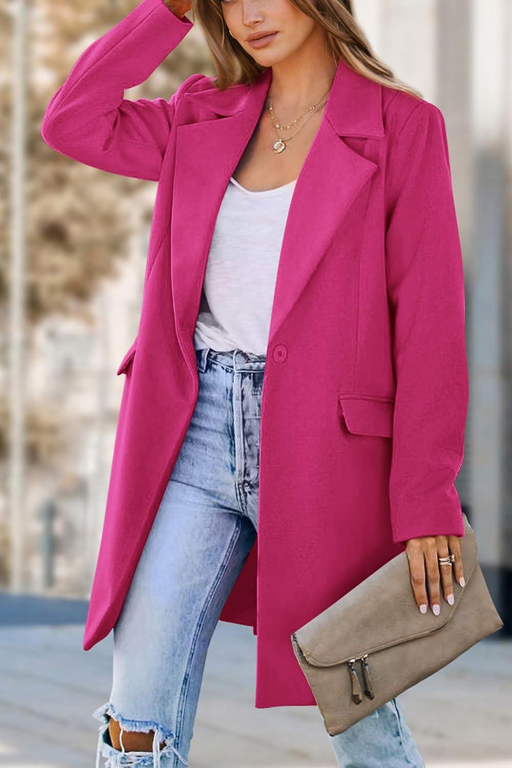 imagePRETTYGARDEN Womens 2026 Spring Fall Long Blazer Jackets Long Sleeve Lapel Pockets Loose Fit Work Casual Blazers OuterwearRose Red