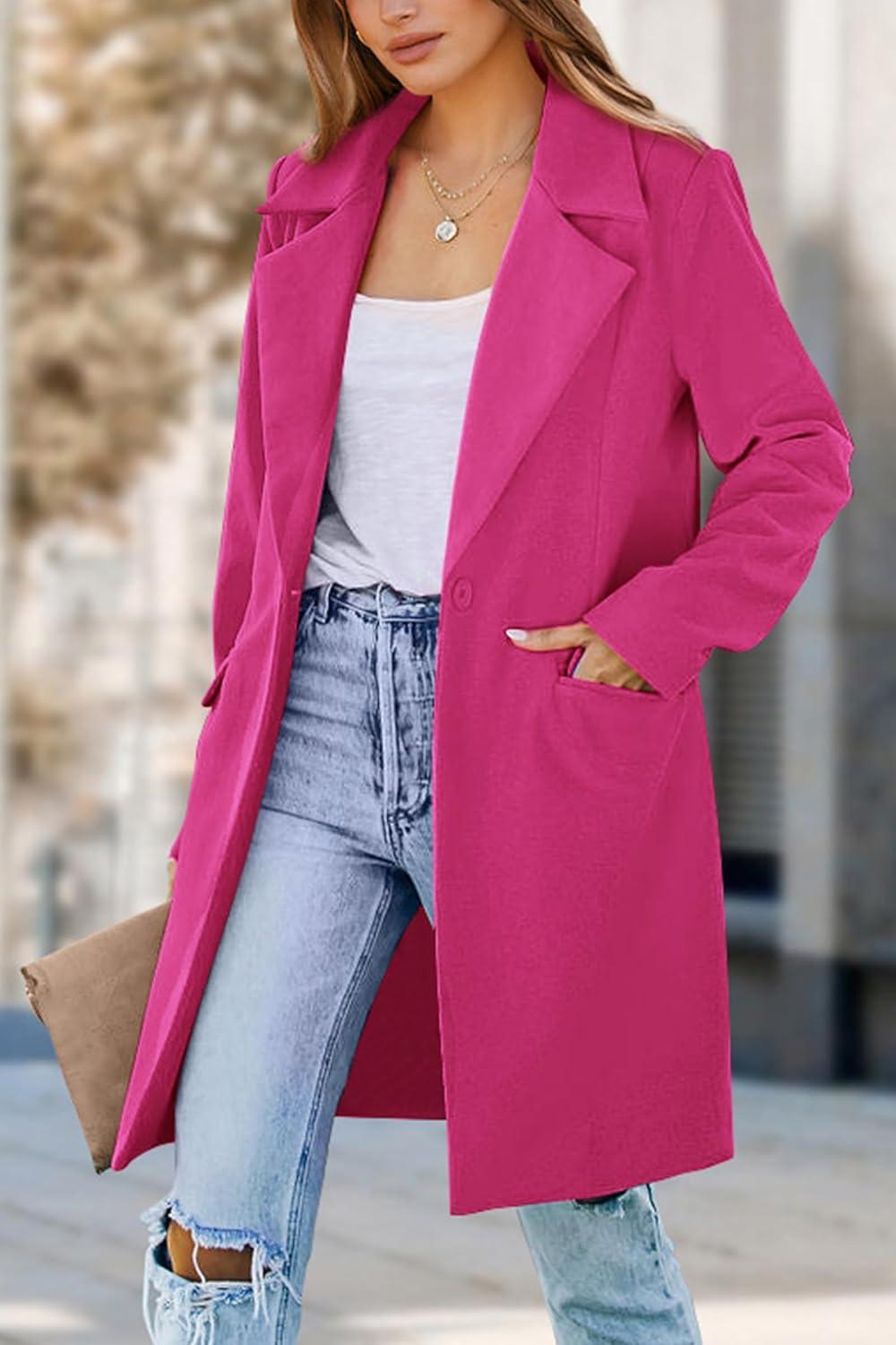 imagePRETTYGARDEN Womens 2026 Spring Fall Long Blazer Jackets Long Sleeve Lapel Pockets Loose Fit Work Casual Blazers OuterwearRose Red