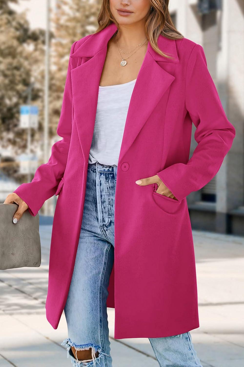 imagePRETTYGARDEN Womens 2026 Spring Fall Long Blazer Jackets Long Sleeve Lapel Pockets Loose Fit Work Casual Blazers OuterwearRose Red