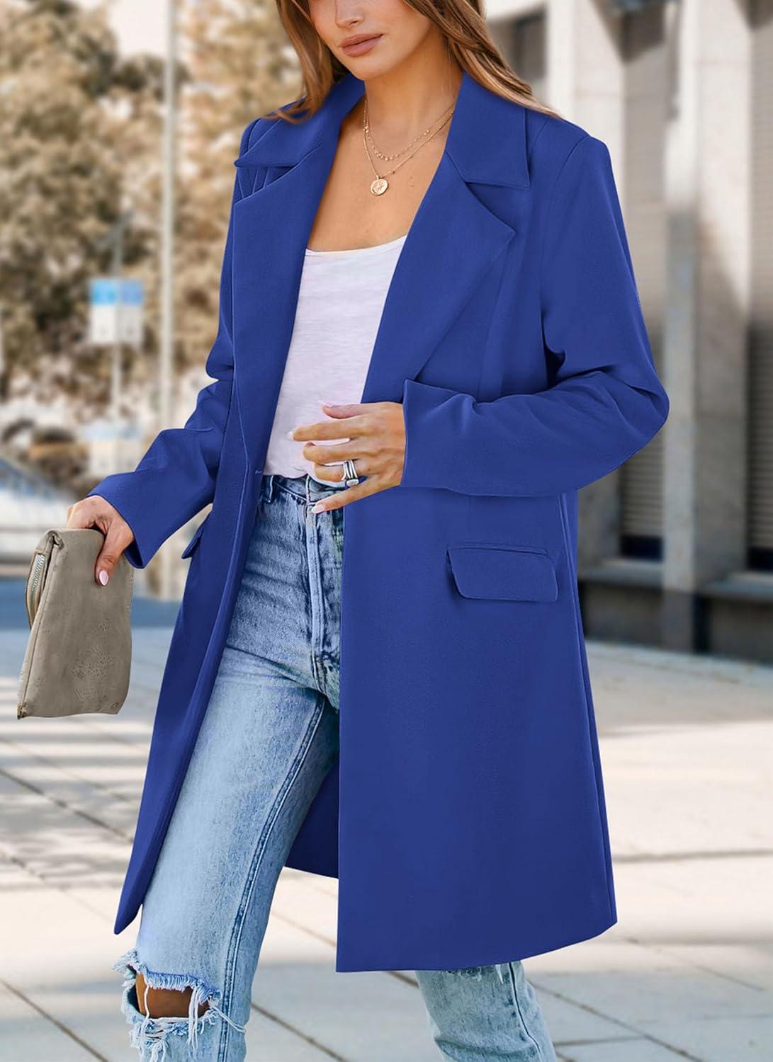 imagePRETTYGARDEN Womens 2026 Spring Fall Long Blazer Jackets Long Sleeve Lapel Pockets Loose Fit Work Casual Blazers OuterwearRoyal Blue